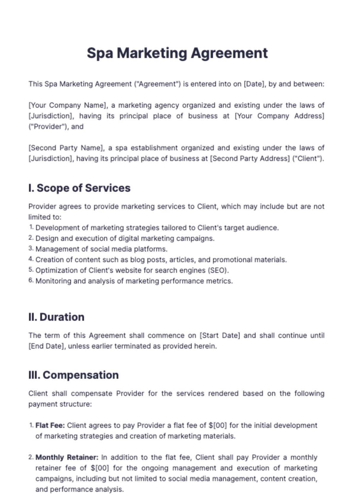 Spa Marketing Agreement Template - Edit Online & Download