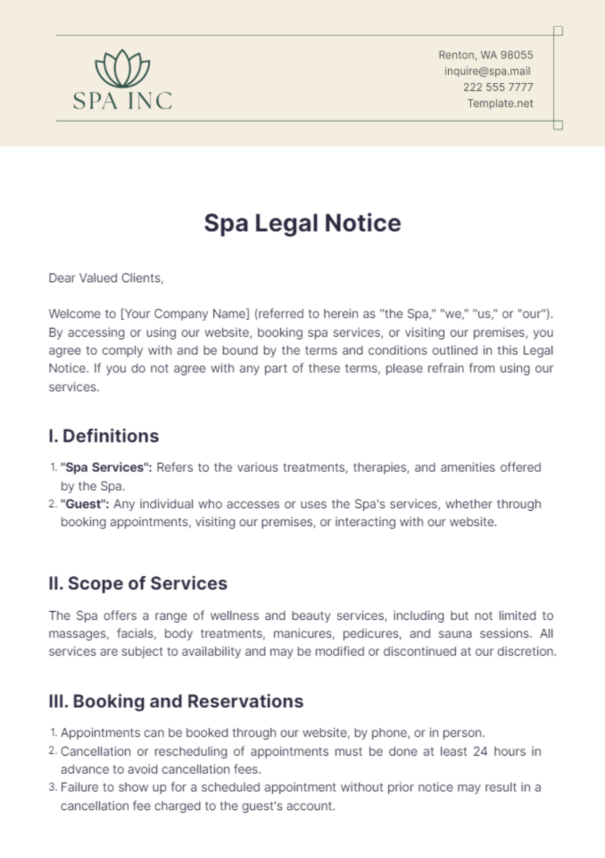 Spa Legal Notice Template - Edit Online & Download