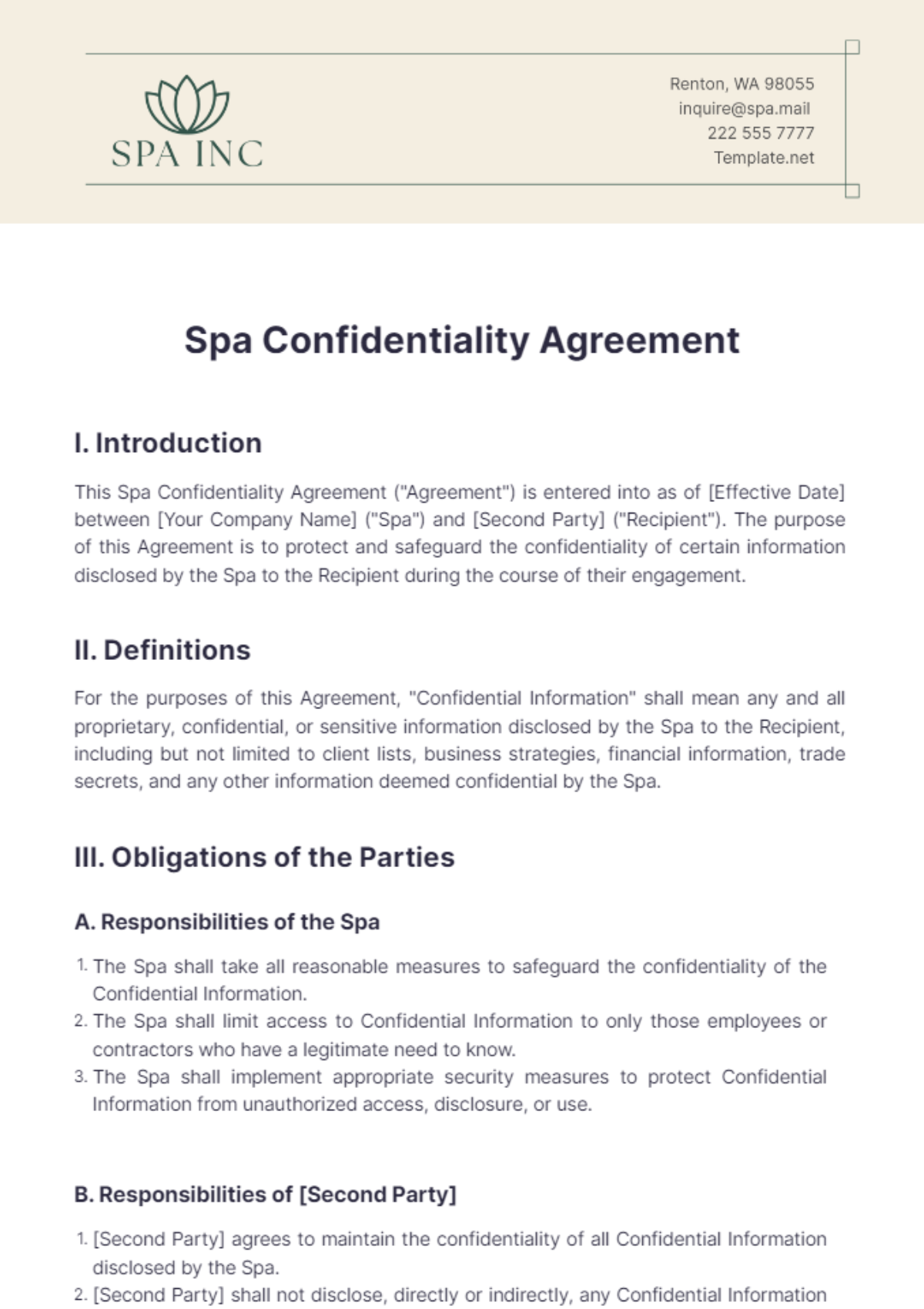 Spa Confidentiality Agreement Template - Edit Online & Download