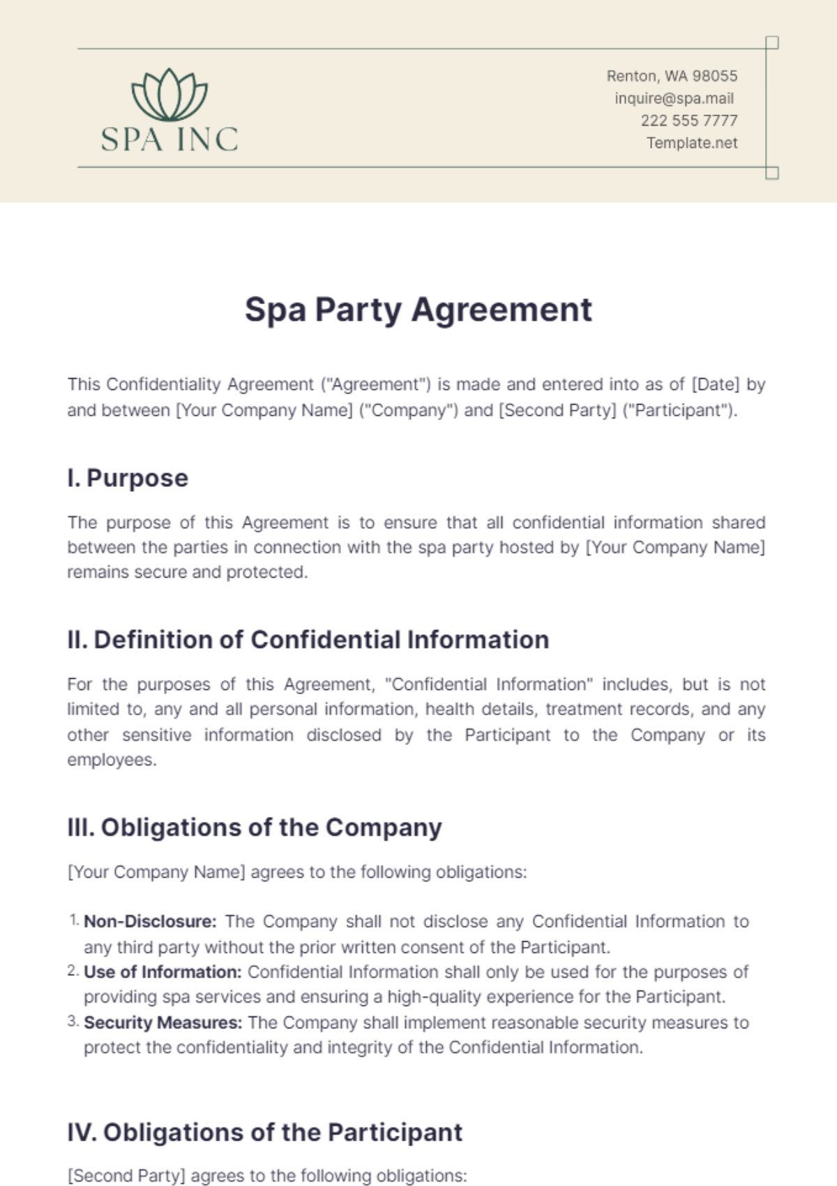 Spa Party Agreement Template - Edit Online & Download