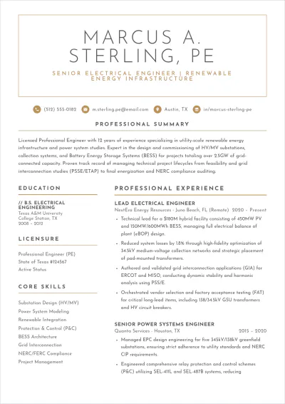 Free Electrical Engineer ATS Resume Template, AI Resume Builder