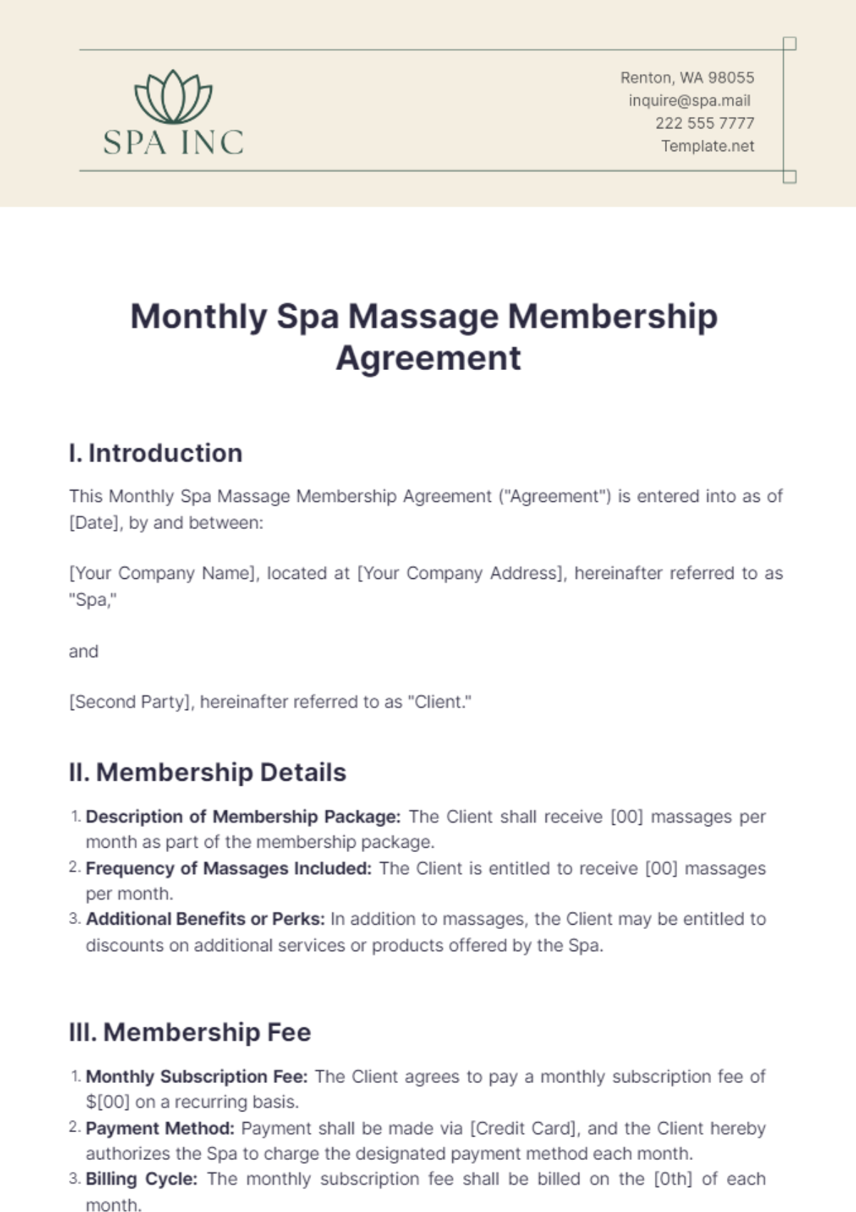 Monthly Spa Massage Membership Agreement Template - Edit Online & Download