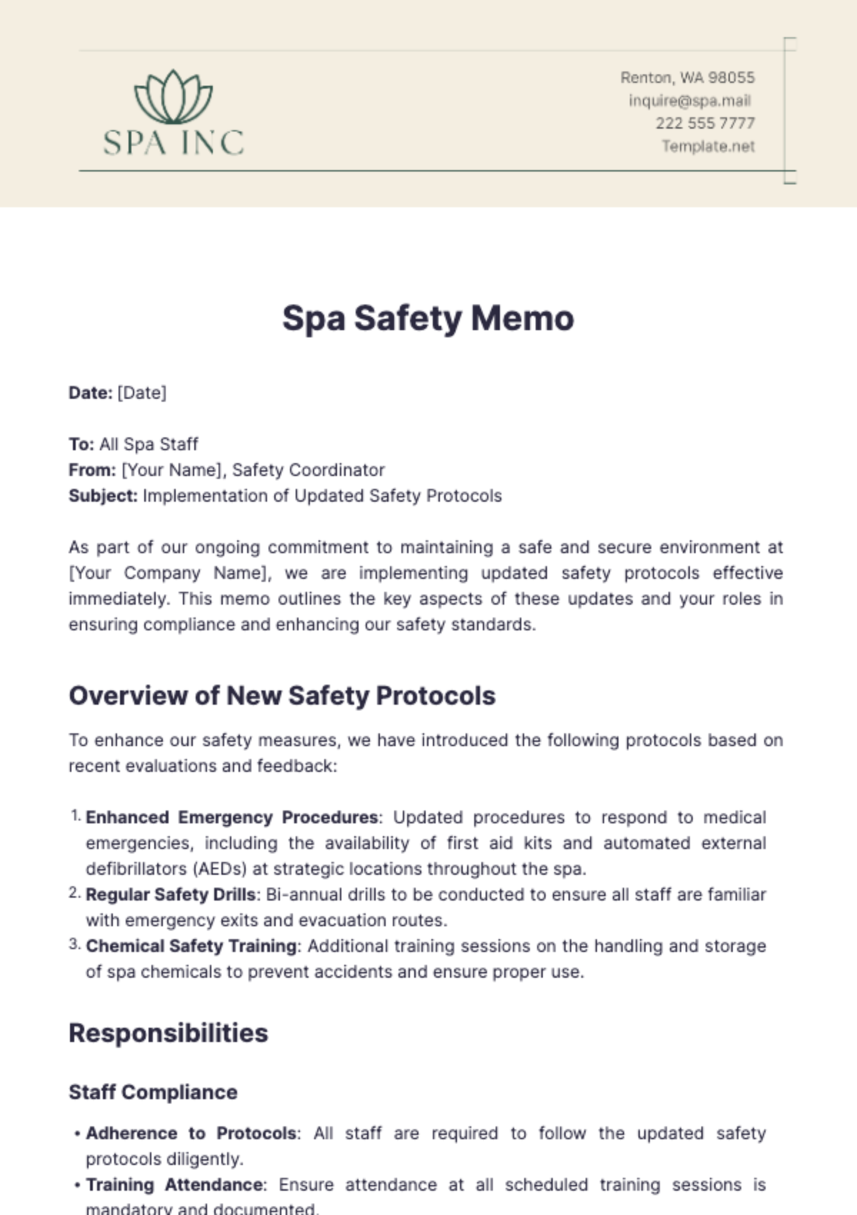 Spa Safety Memo Template - Edit Online & Download