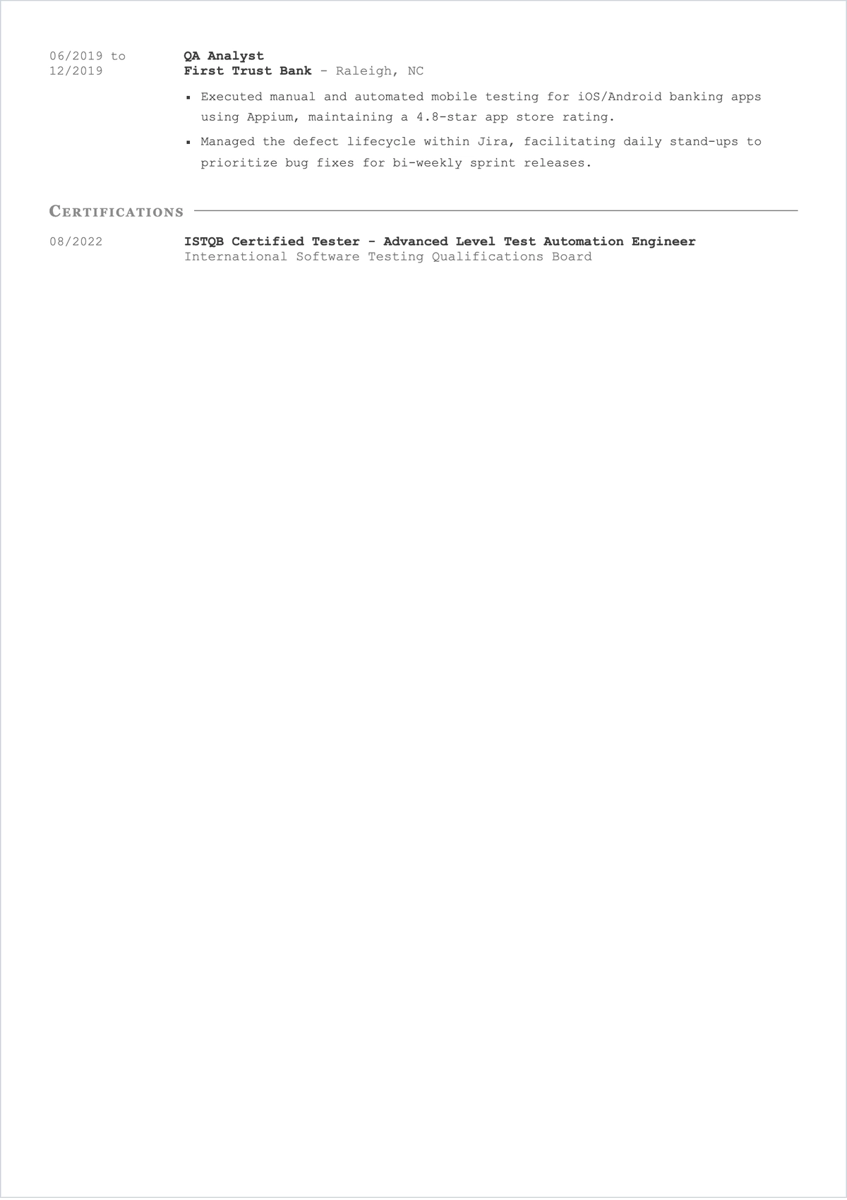 Free Quality Assurance Engineer ATS Resume Template, AI Resume Builder