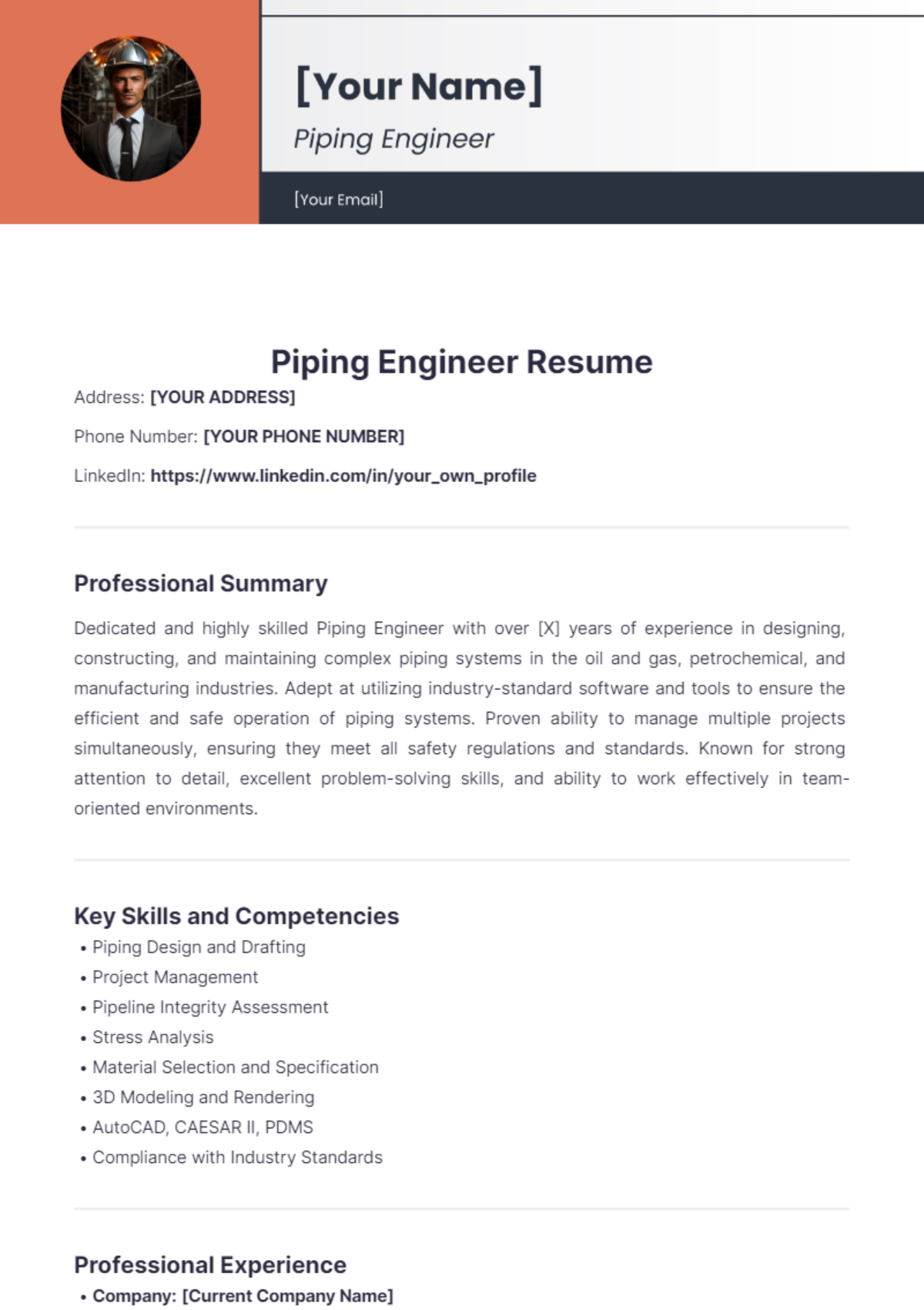 Piping Engineer Resume - Edit Online & Download