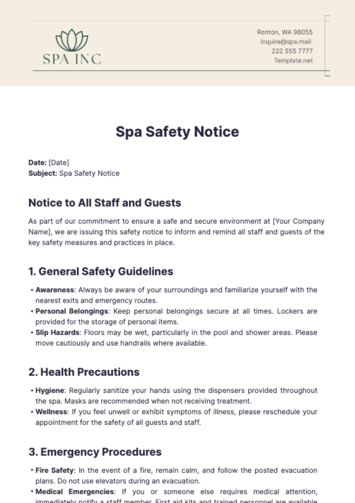 Spa Safety Notice Template - Edit Online & Download