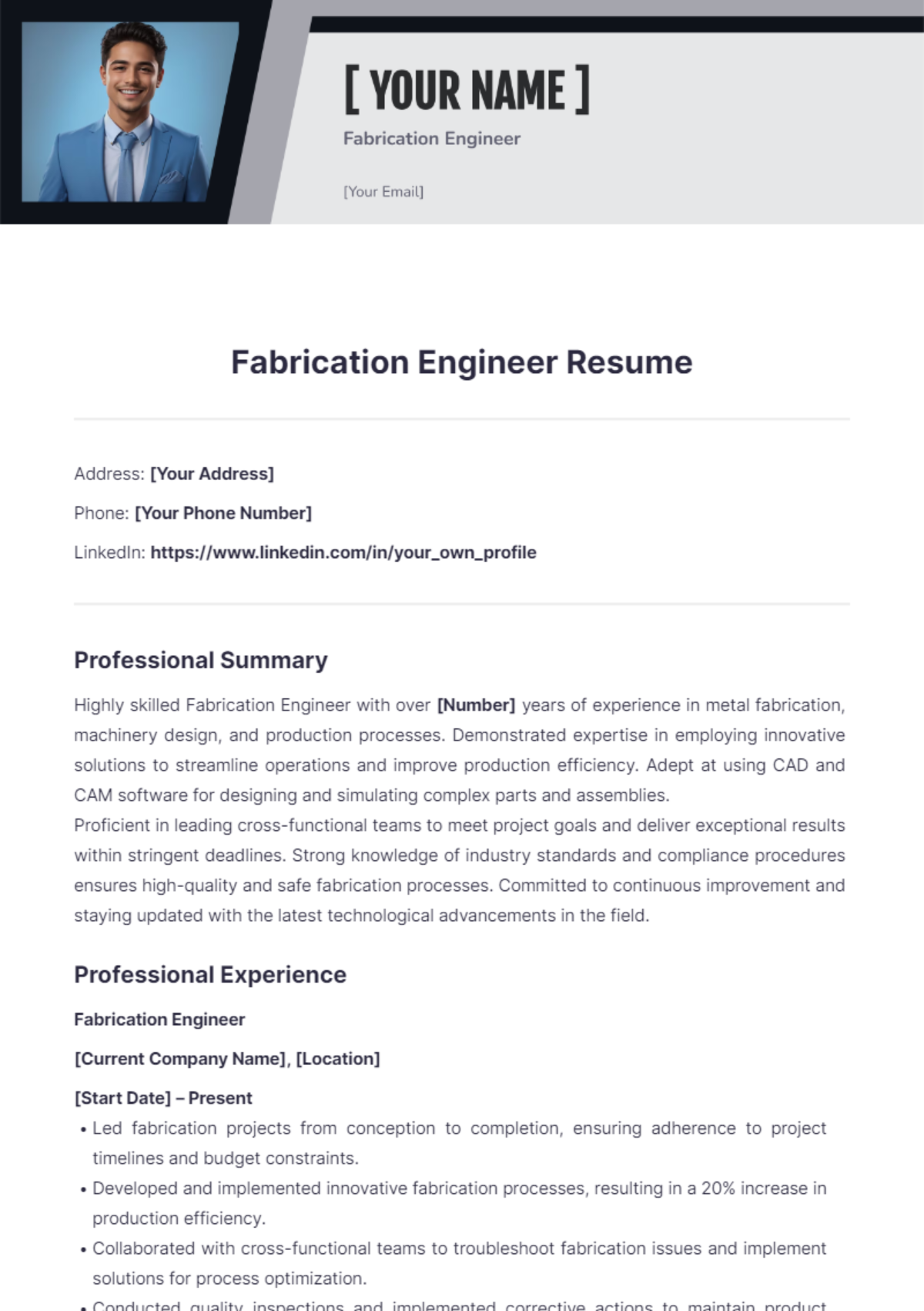 Fabrication Engineer Resume - Edit Online & Download