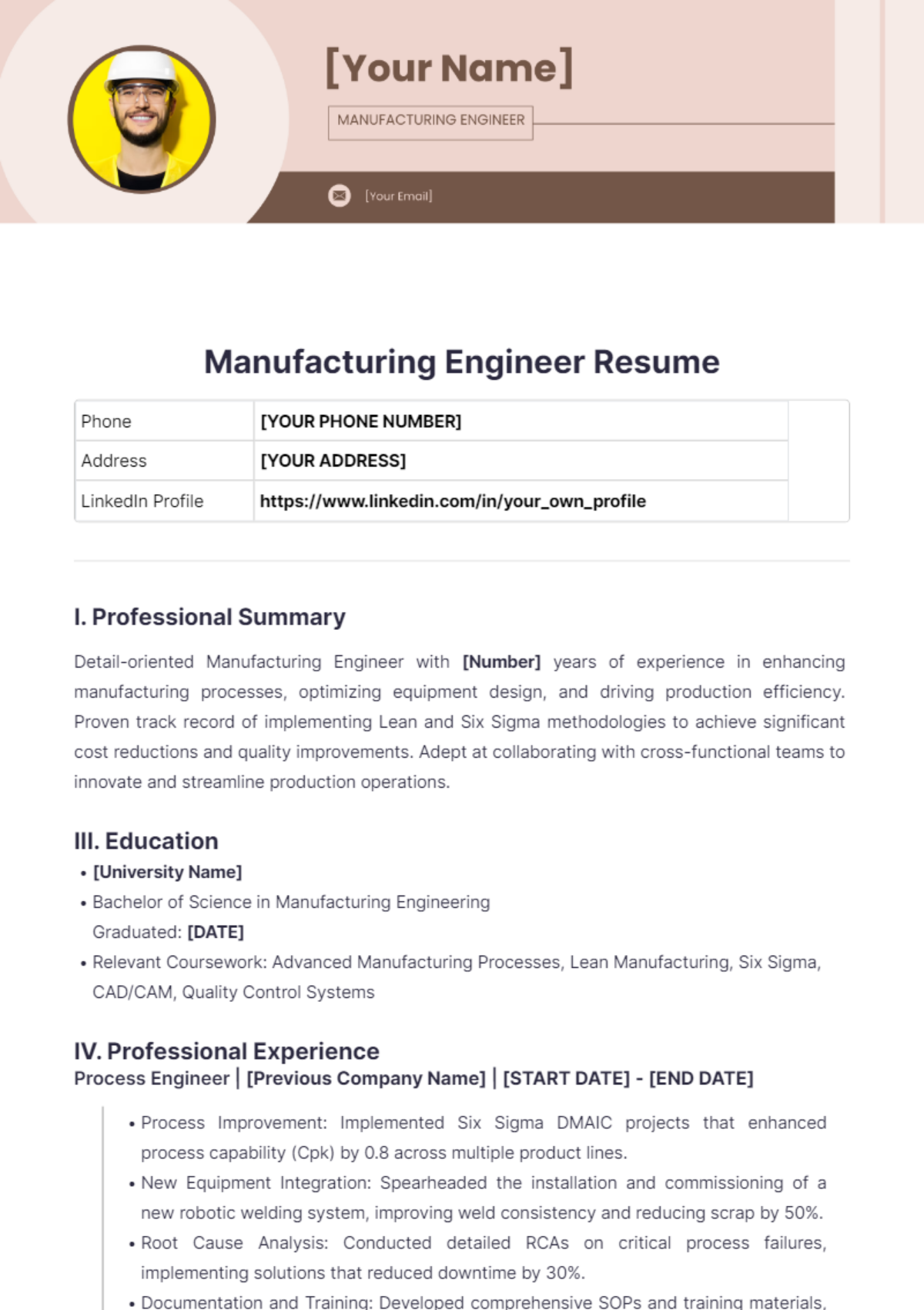 Manufacturing Engineer Resume - Edit Online & Download