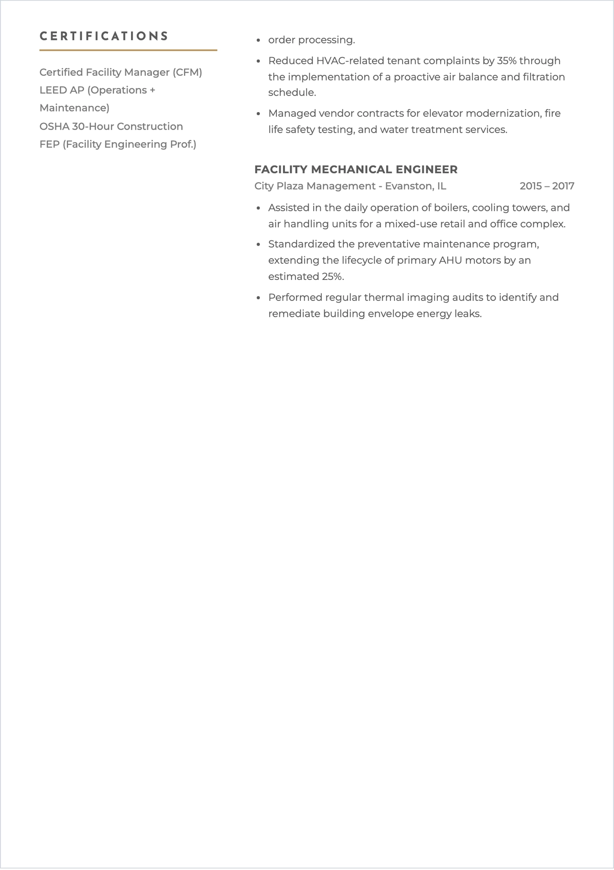 Free Facility Engineer ATS Resume Template, AI Resume Builder