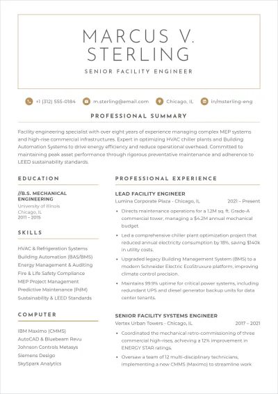 Free Facility Engineer ATS Resume Template, AI Resume Builder