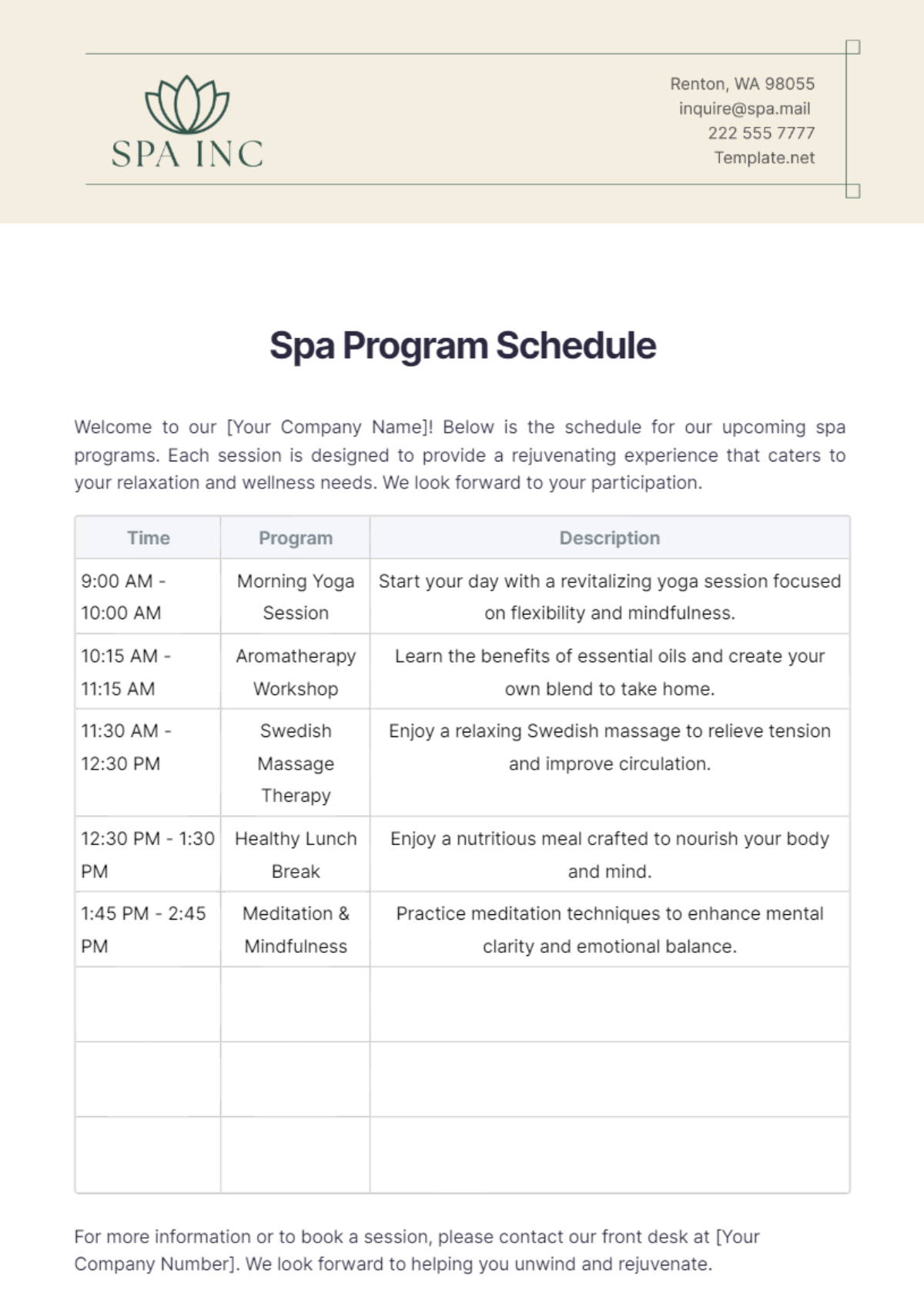 Spa Program Schedule Template - Edit Online & Download