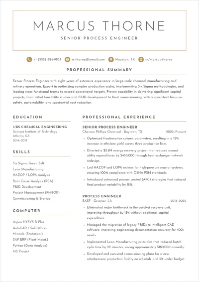 Free Process Engineer ATS Resume Template, AI Resume Builder