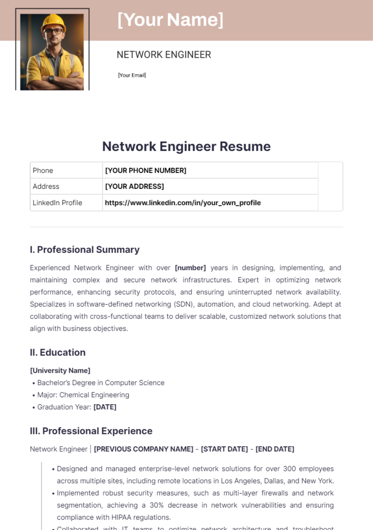 Free Network Engineer Resume Template - Edit Online & Download ...