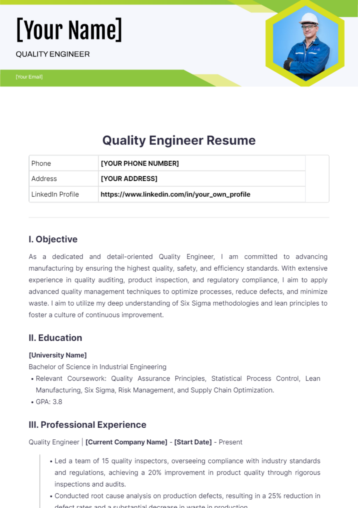 Quality Engineer Resume - Edit Online & Download