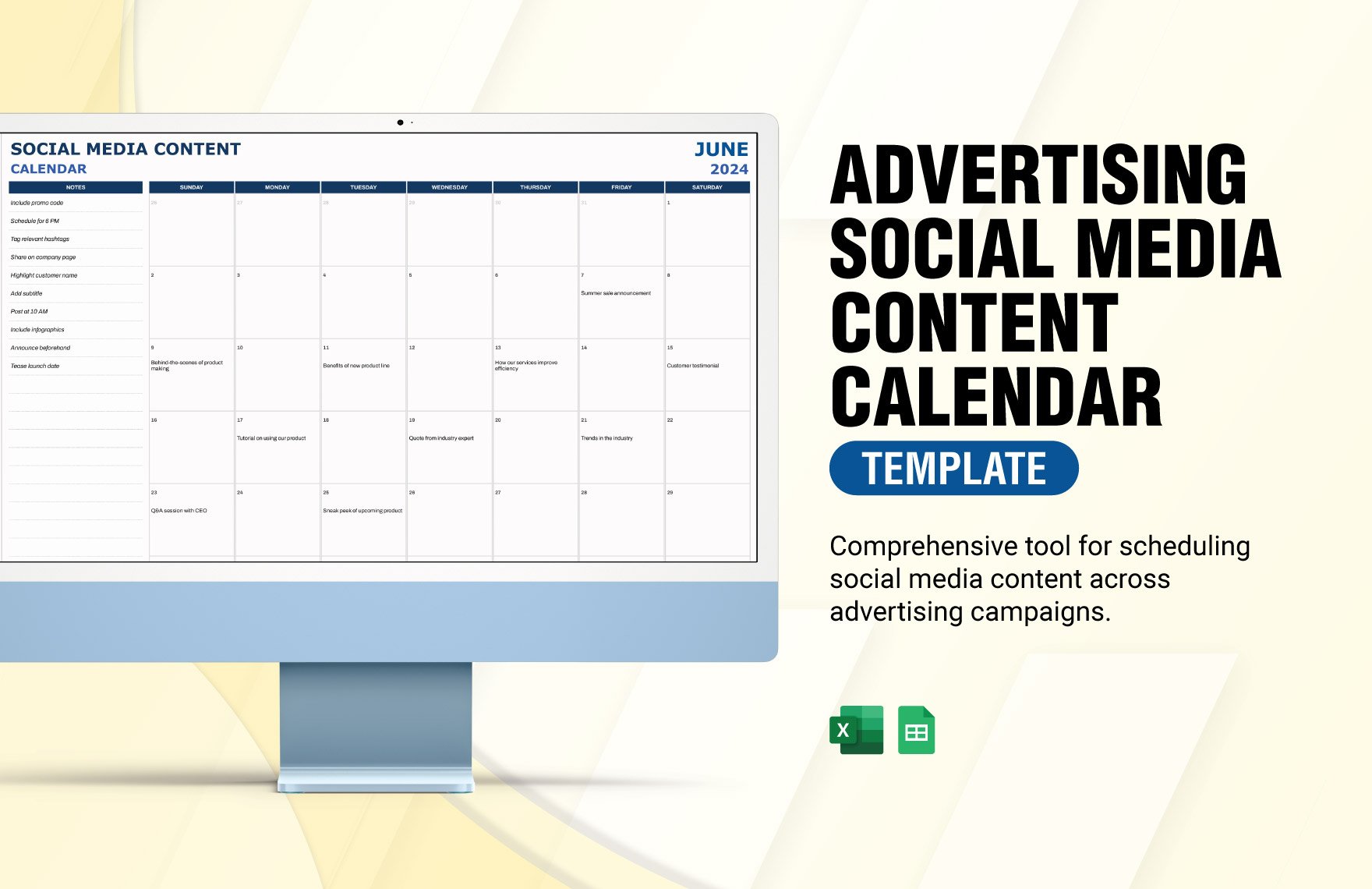 Advertising Social Media Content Calendar Template in Excel, Google Sheets