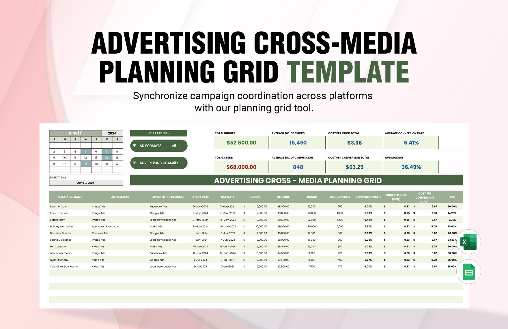 Advertising Cross-Media Planning Grid Template in Excel, Google Sheets