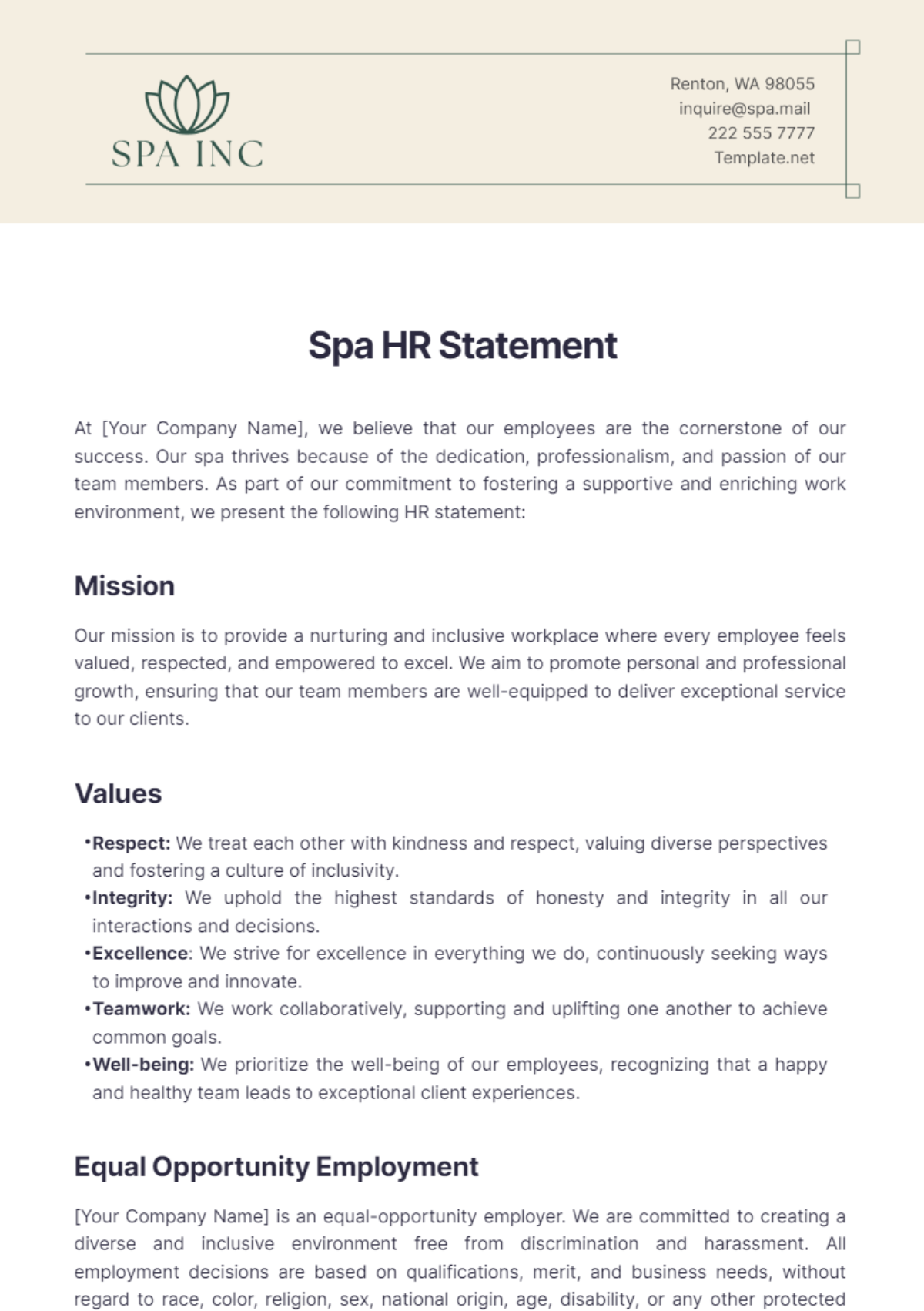 Spa HR Statement Template - Edit Online & Download