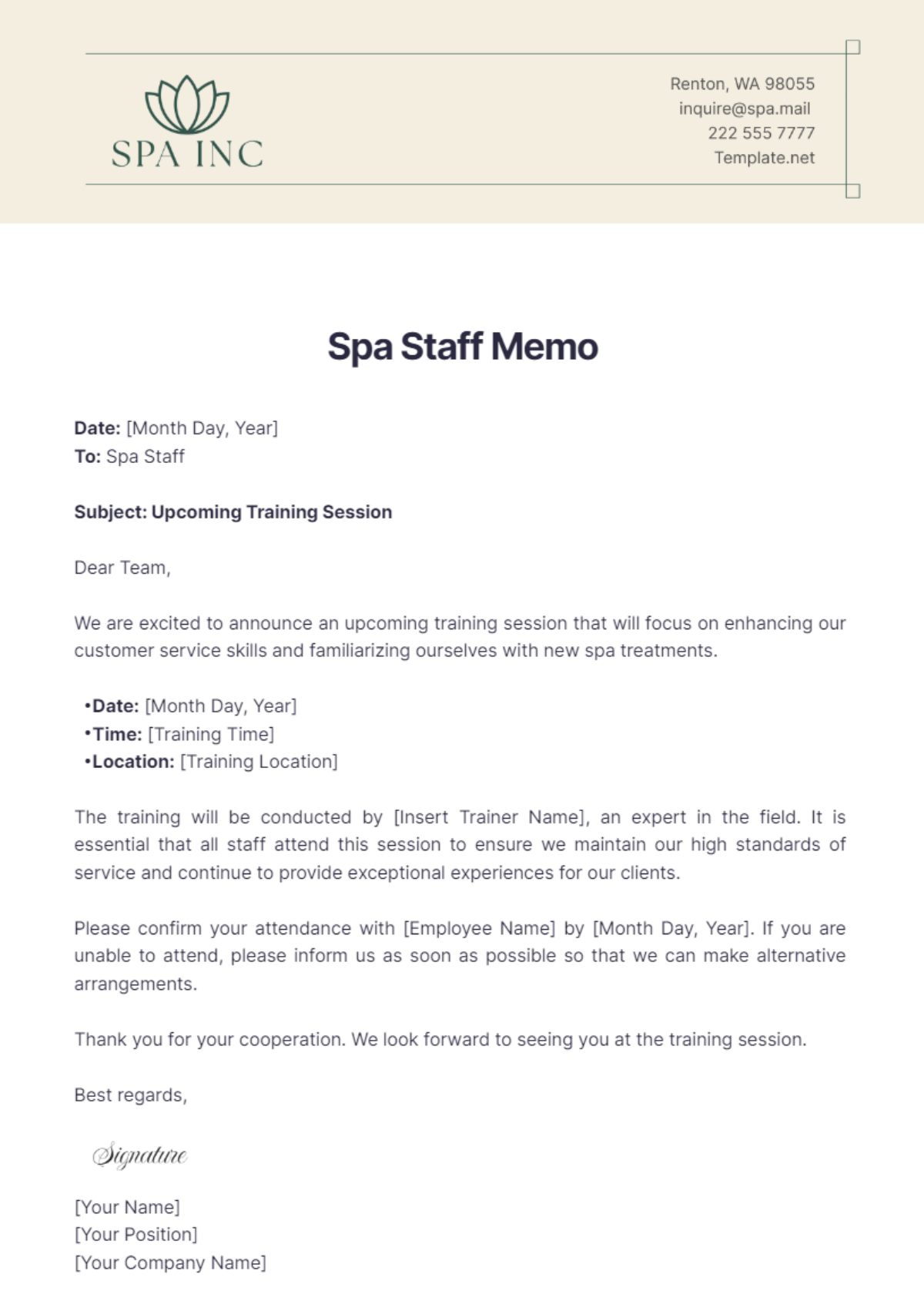 Spa Staff Memo Template - Edit Online & Download