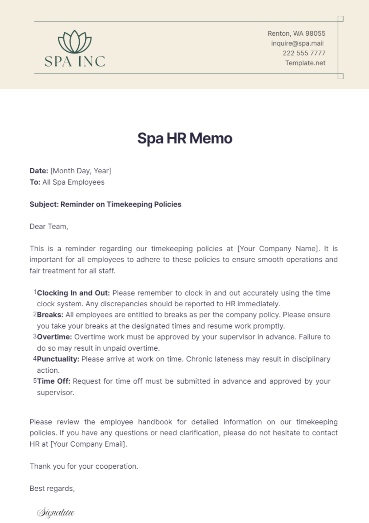 Spa HR Memo Template - Edit Online & Download