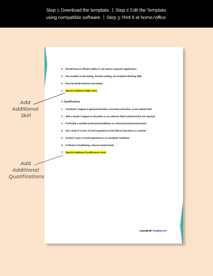 Academic Facilitator Job Description Template Google Docs Word Apple Pages Template