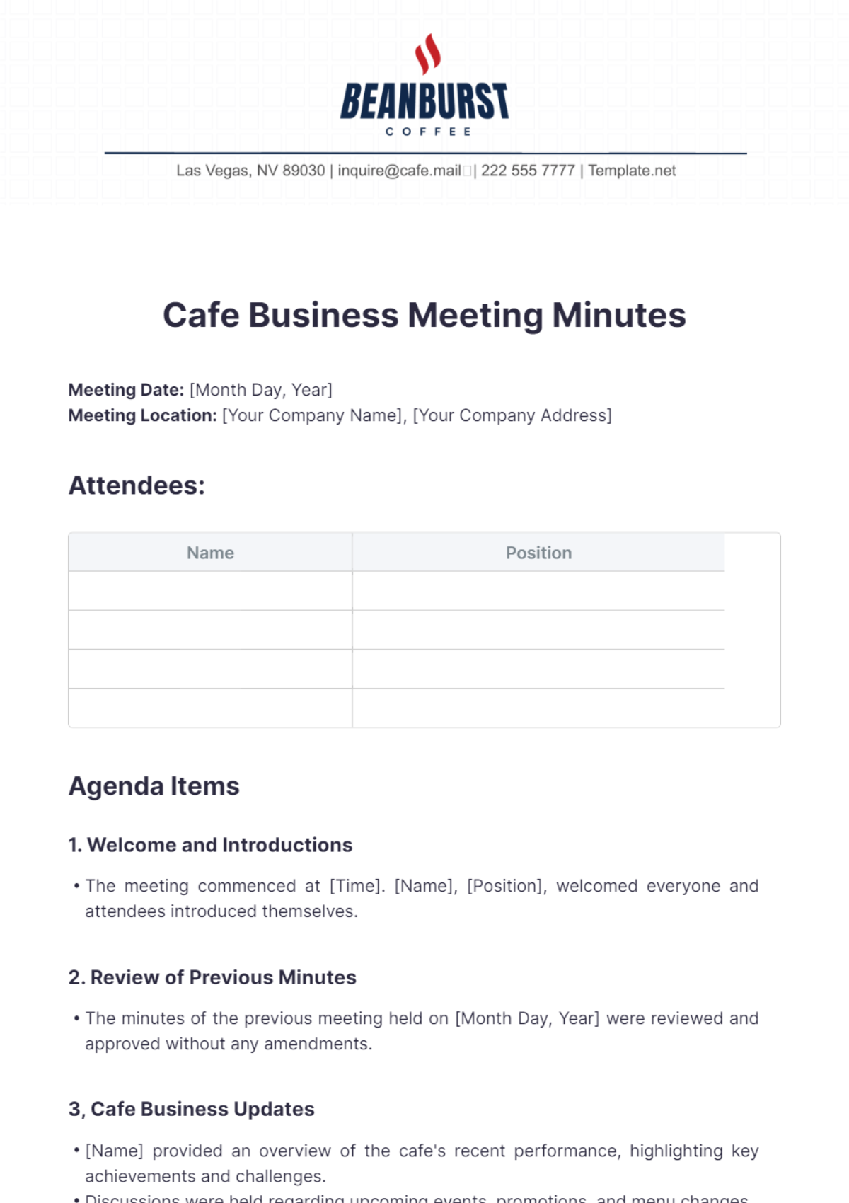 Cafe Business Meeting Minutes Template - Edit Online & Download