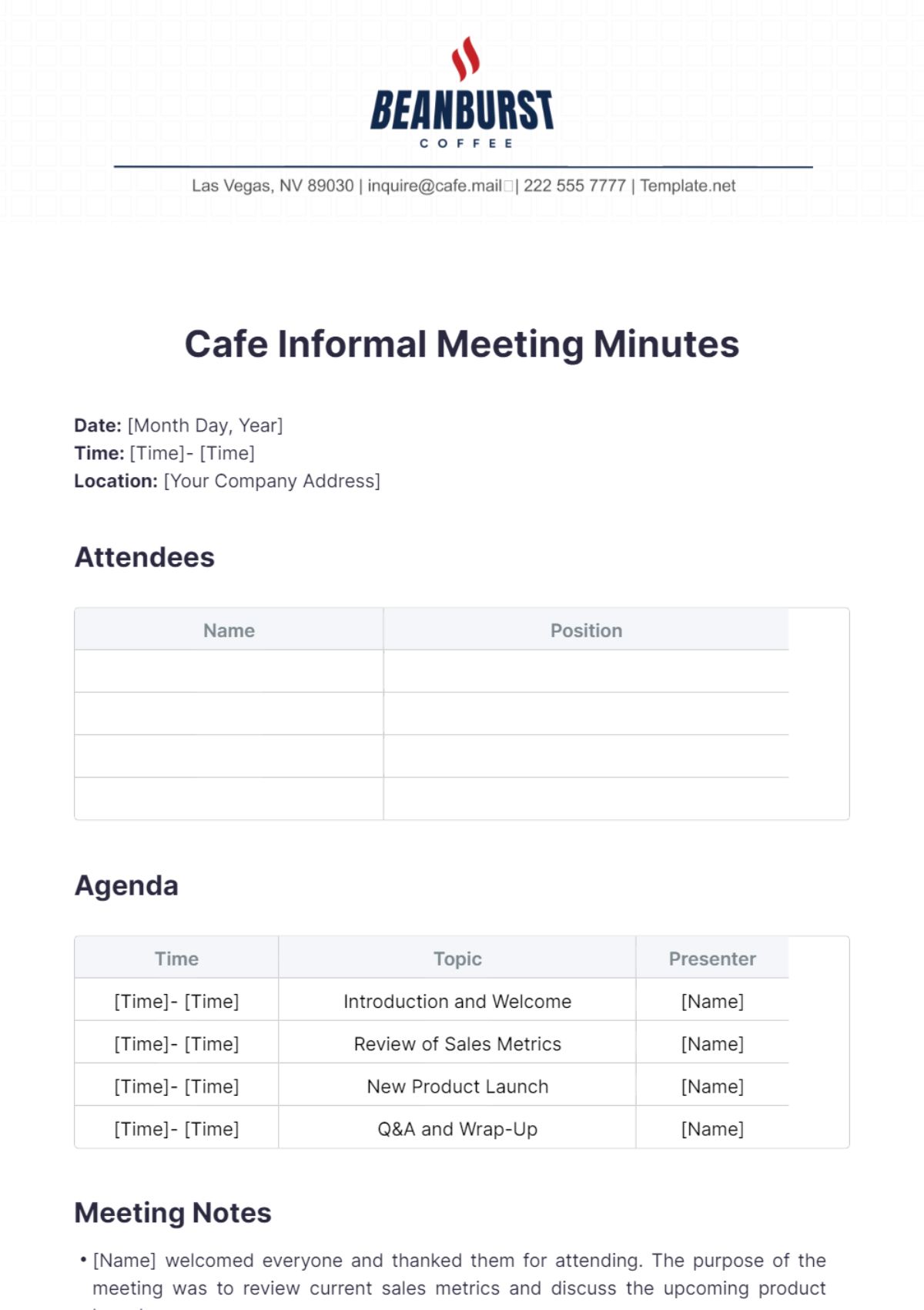 Cafe Informal Meeting Minutes Template - Edit Online & Download