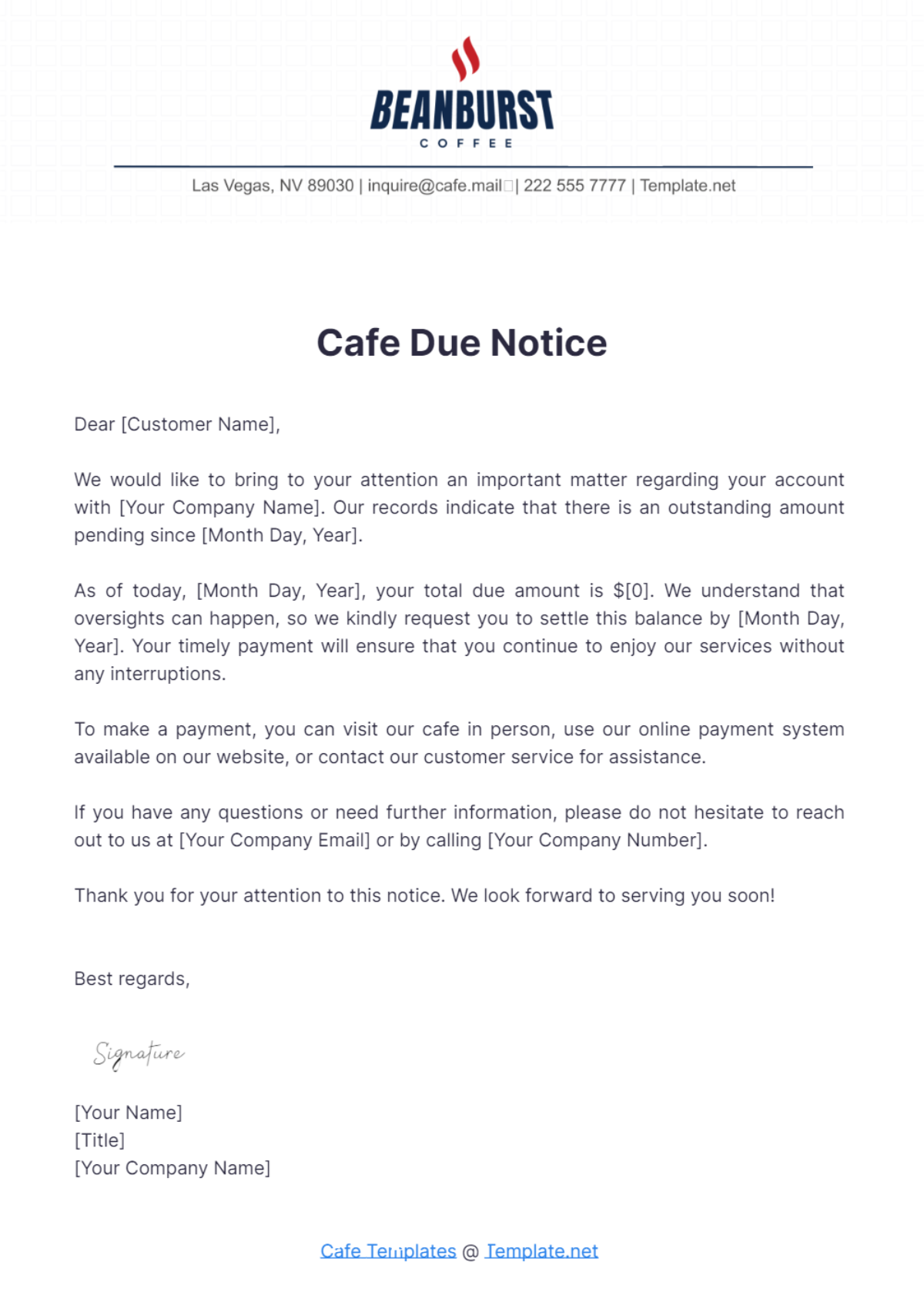 Cafe Due Notice Template - Edit Online & Download