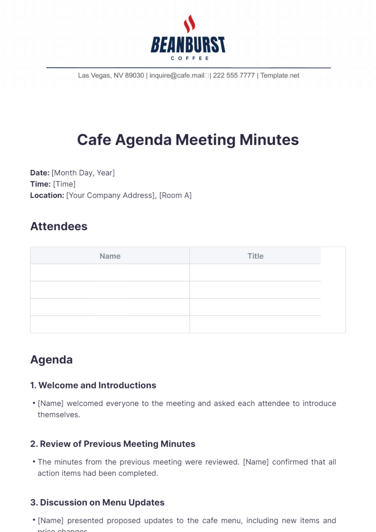 Cafe Agenda Meeting Minutes Template - Edit Online & Download