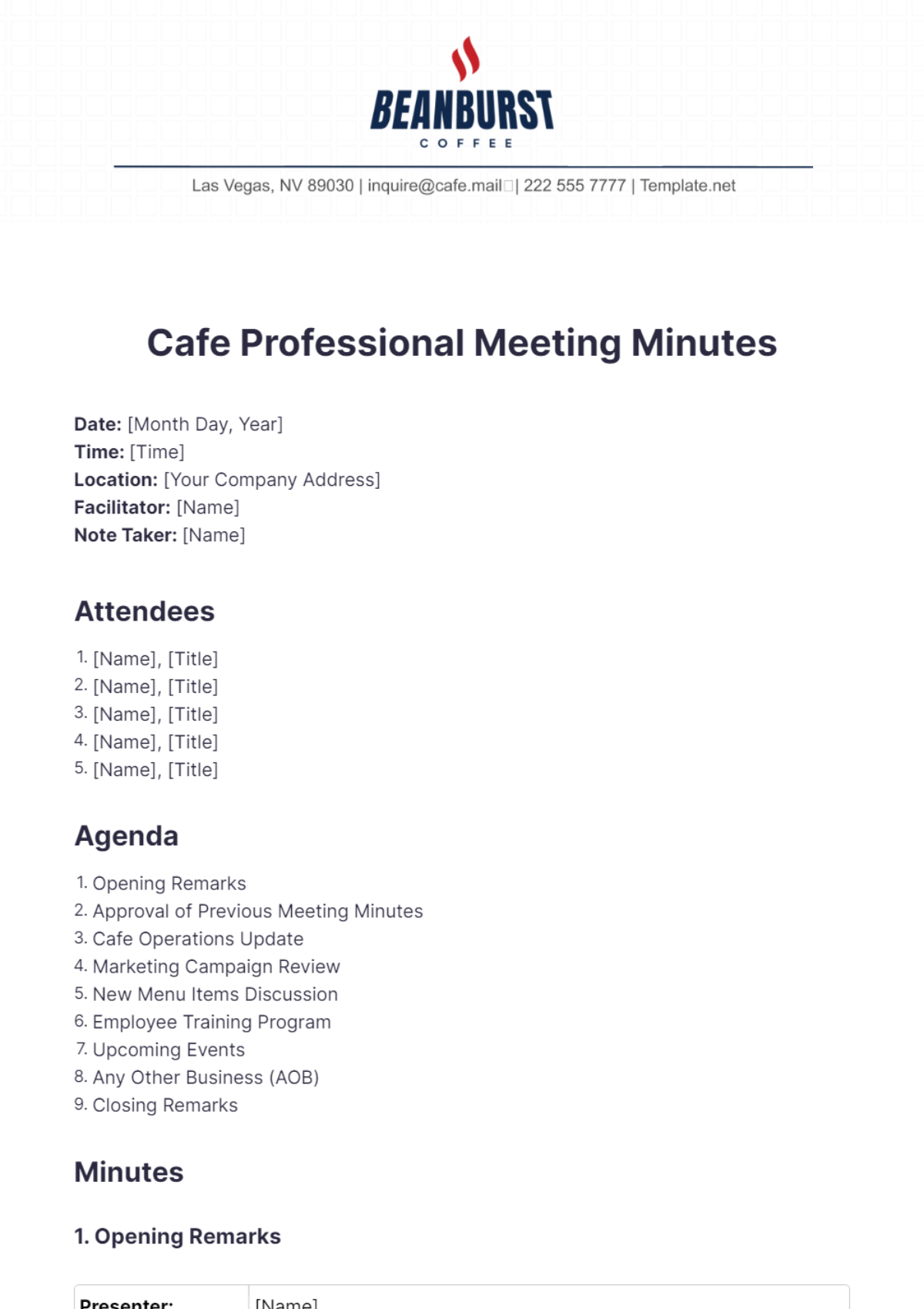 Cafe Professional Meeting Minutes Template - Edit Online & Download