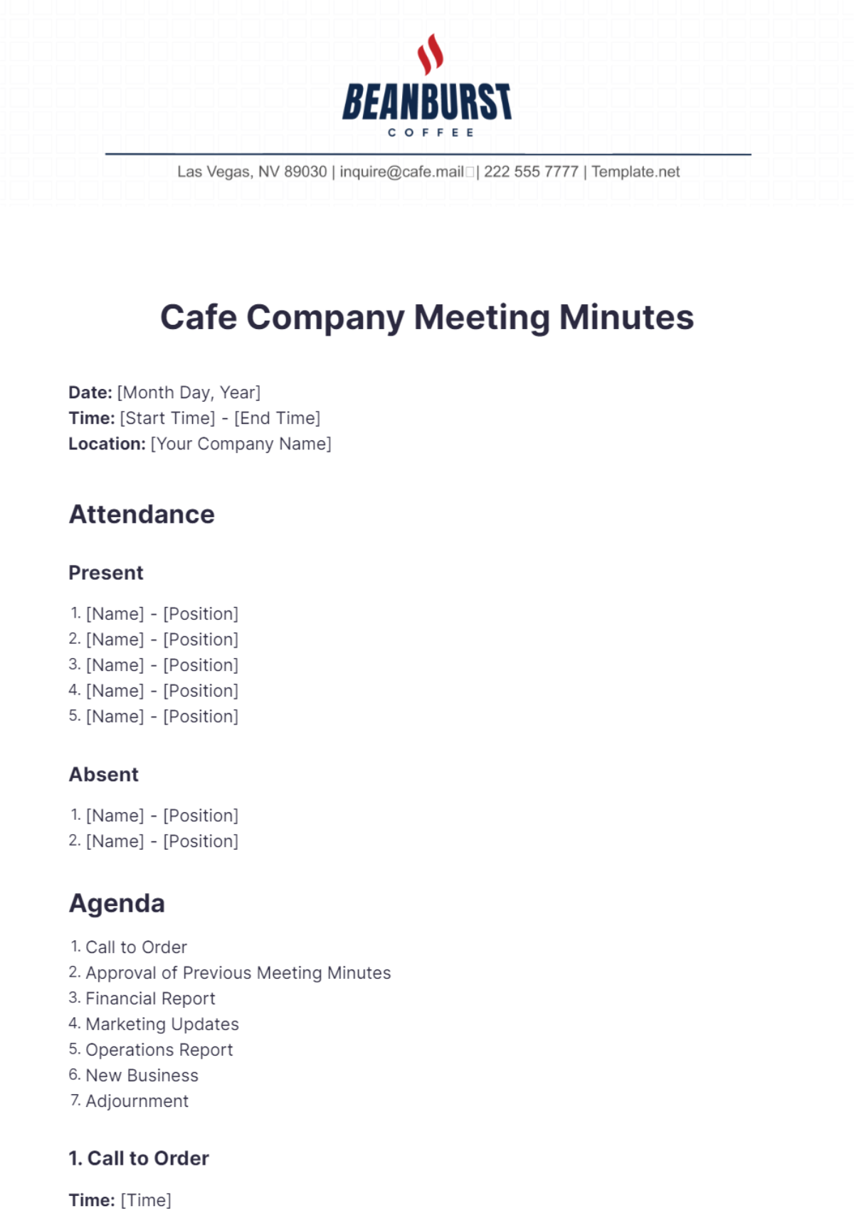 Cafe Company Meeting Minutes Template - Edit Online & Download