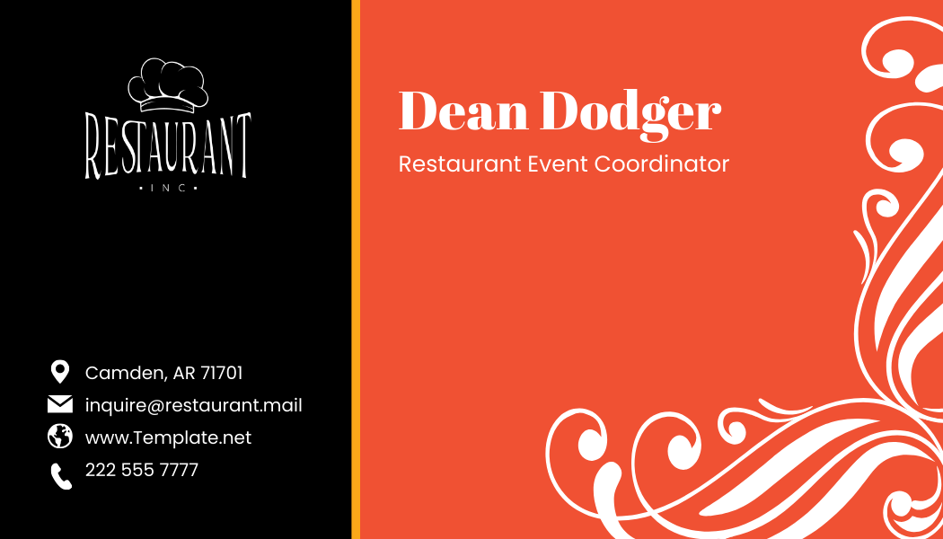 Restaurant Event Coordinator Business Card