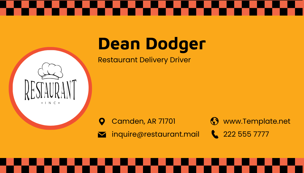 Restaurant Delivery Driver Business Card
