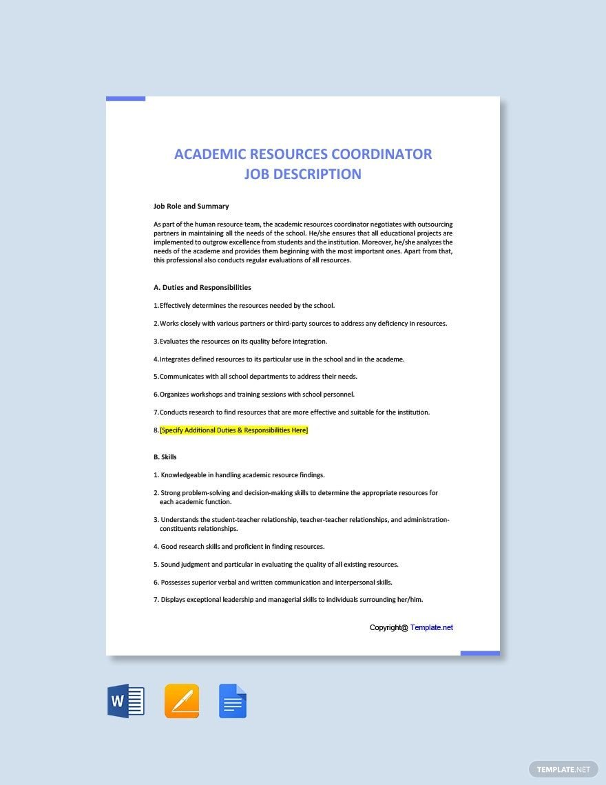 Academic Resources Coordinator Job Description