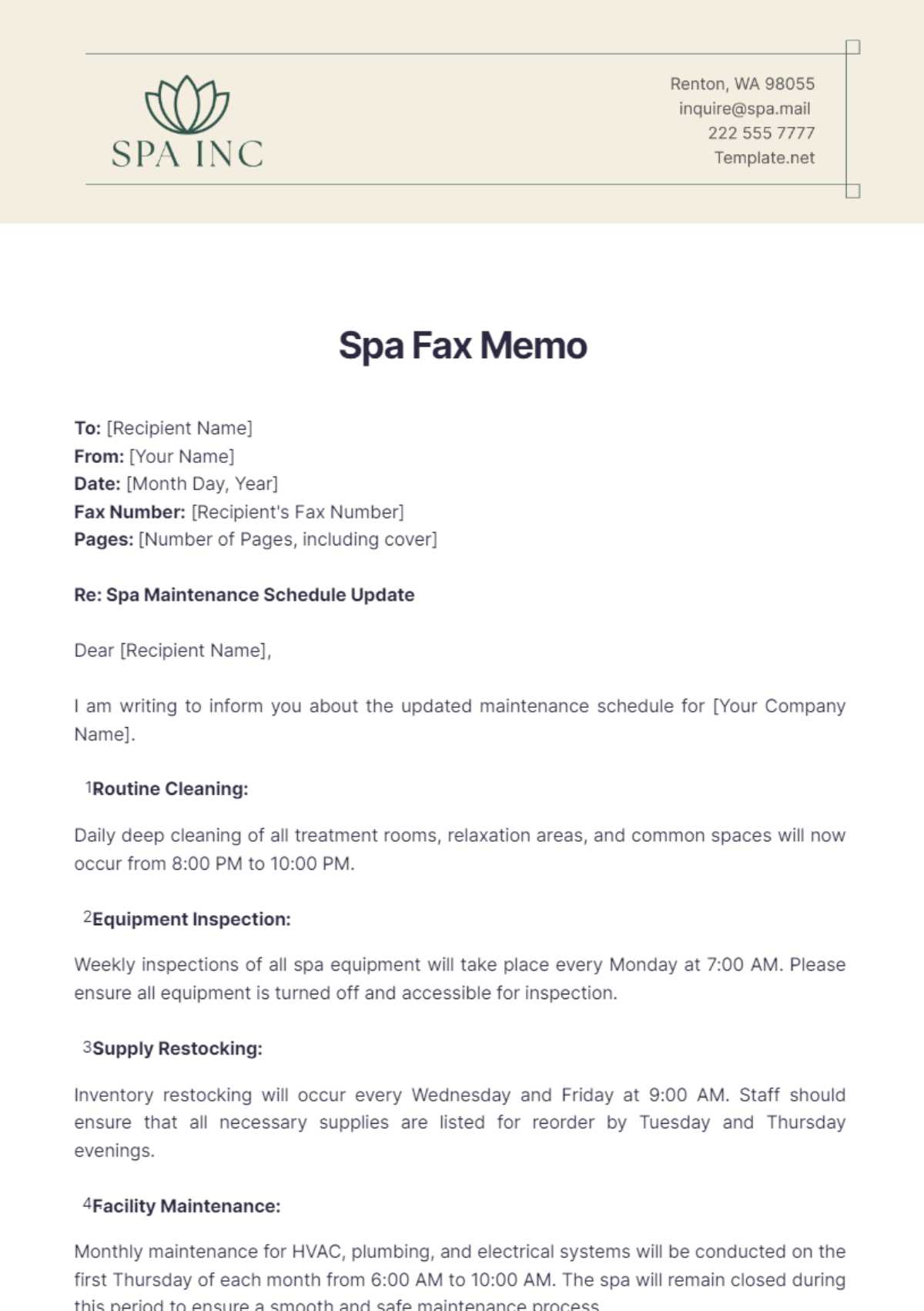 Free Spa Fax Memo Template to Edit Online