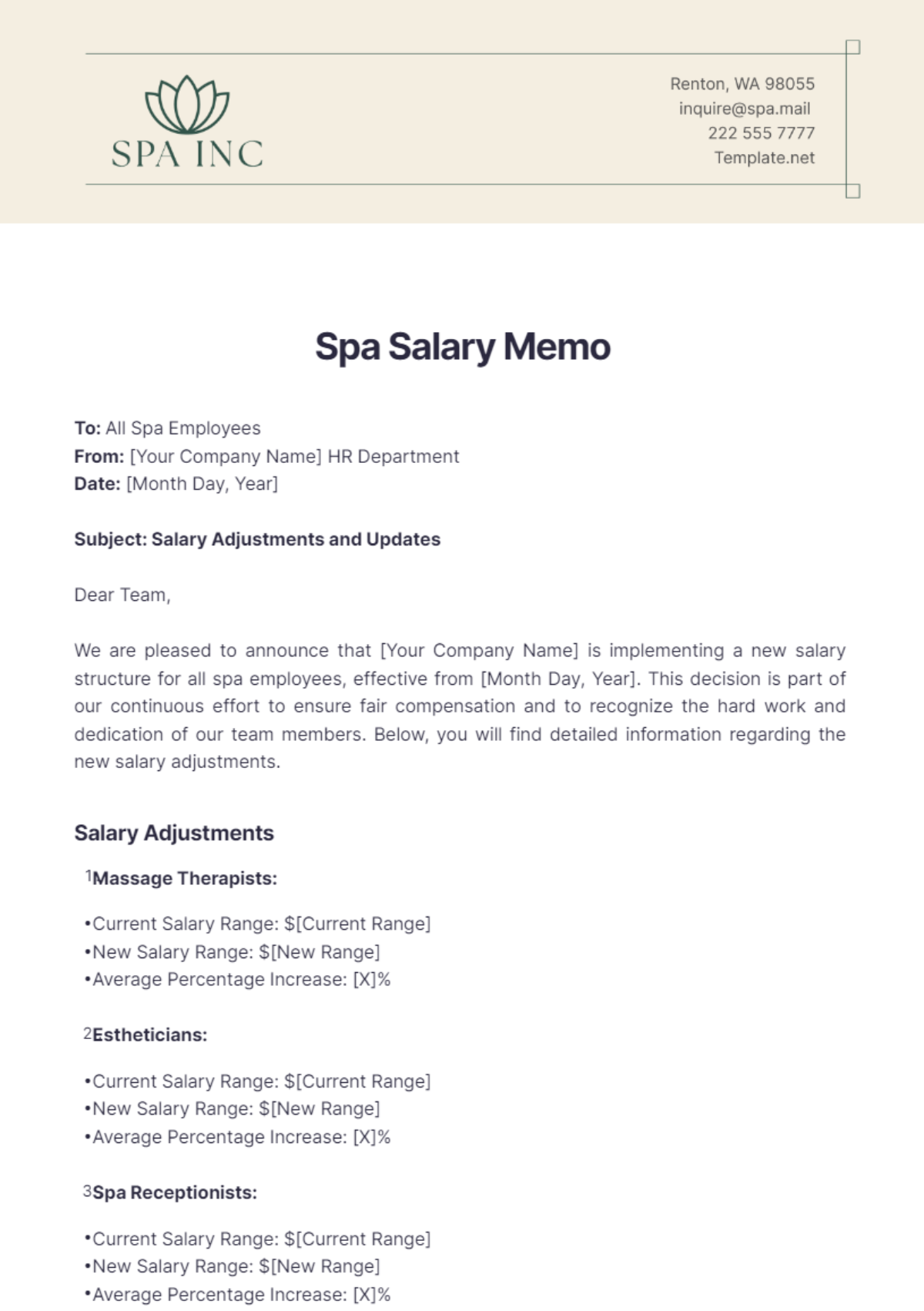 Spa Salary Memo Template - Edit Online & Download