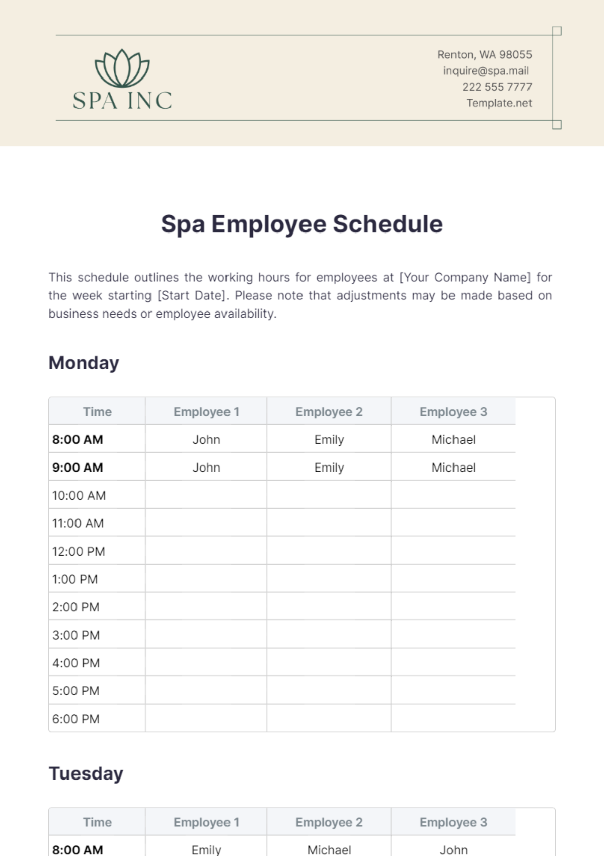 Spa Employee Schedule Template - Edit Online & Download