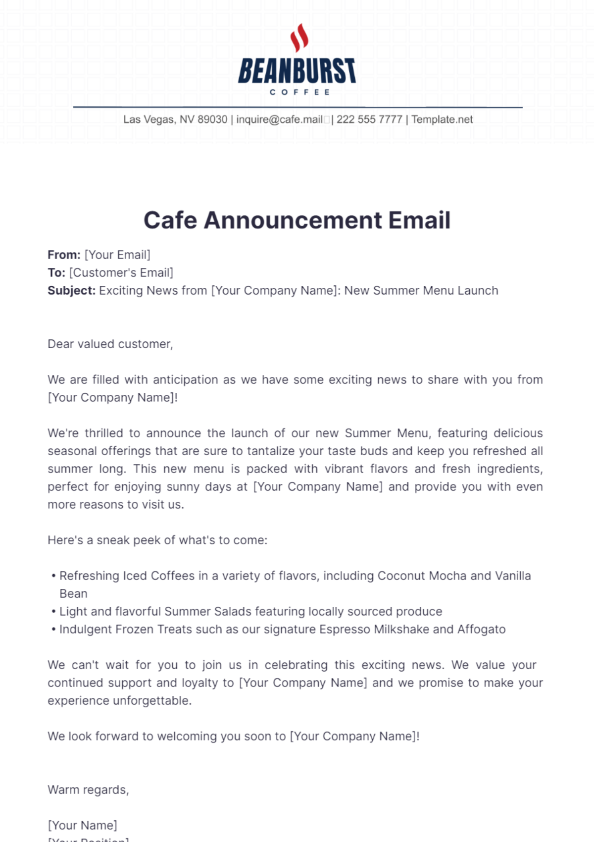 Free Cafe Announcement Email Template