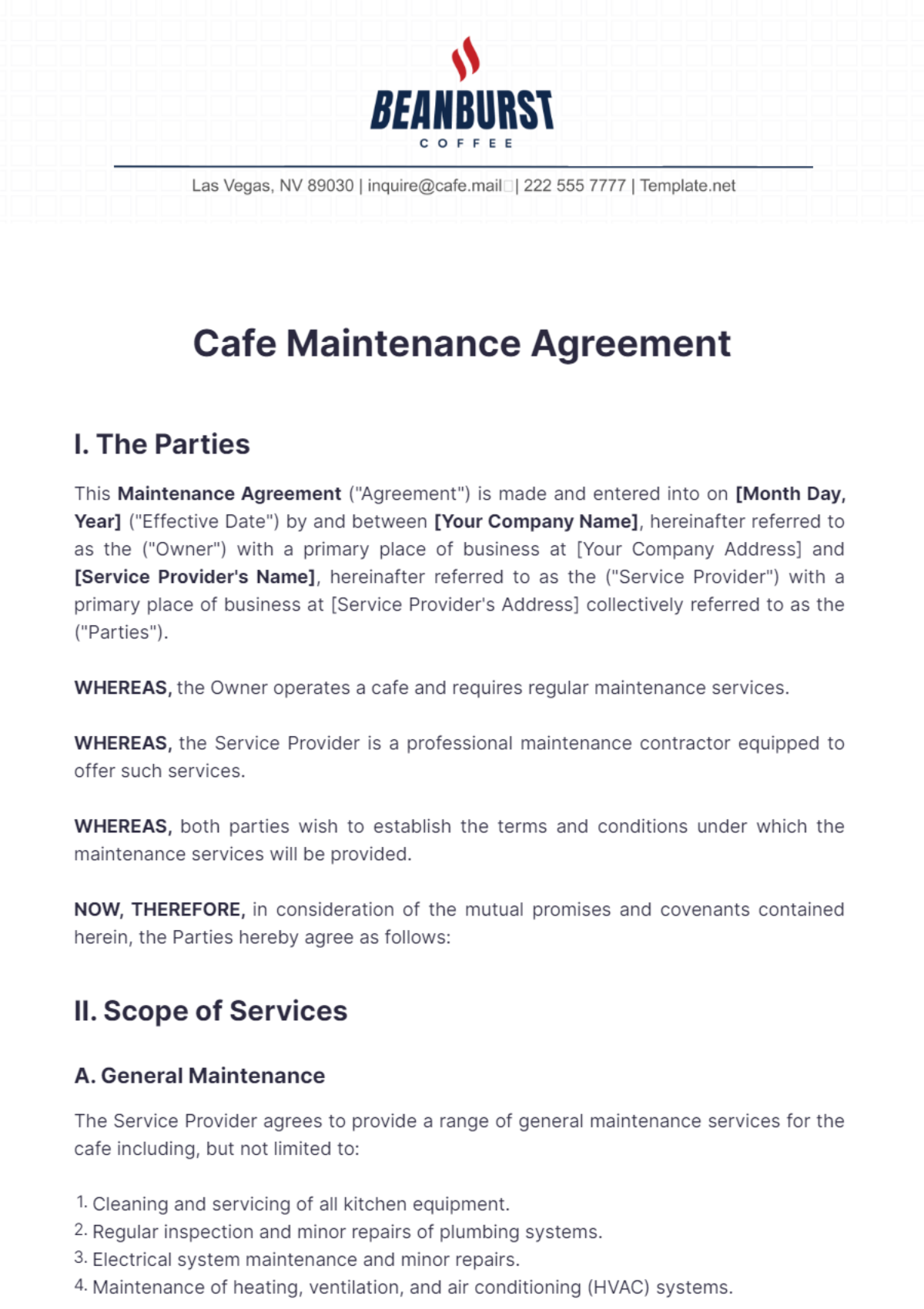 Cafe Maintenance Agreement Template - Edit Online & Download