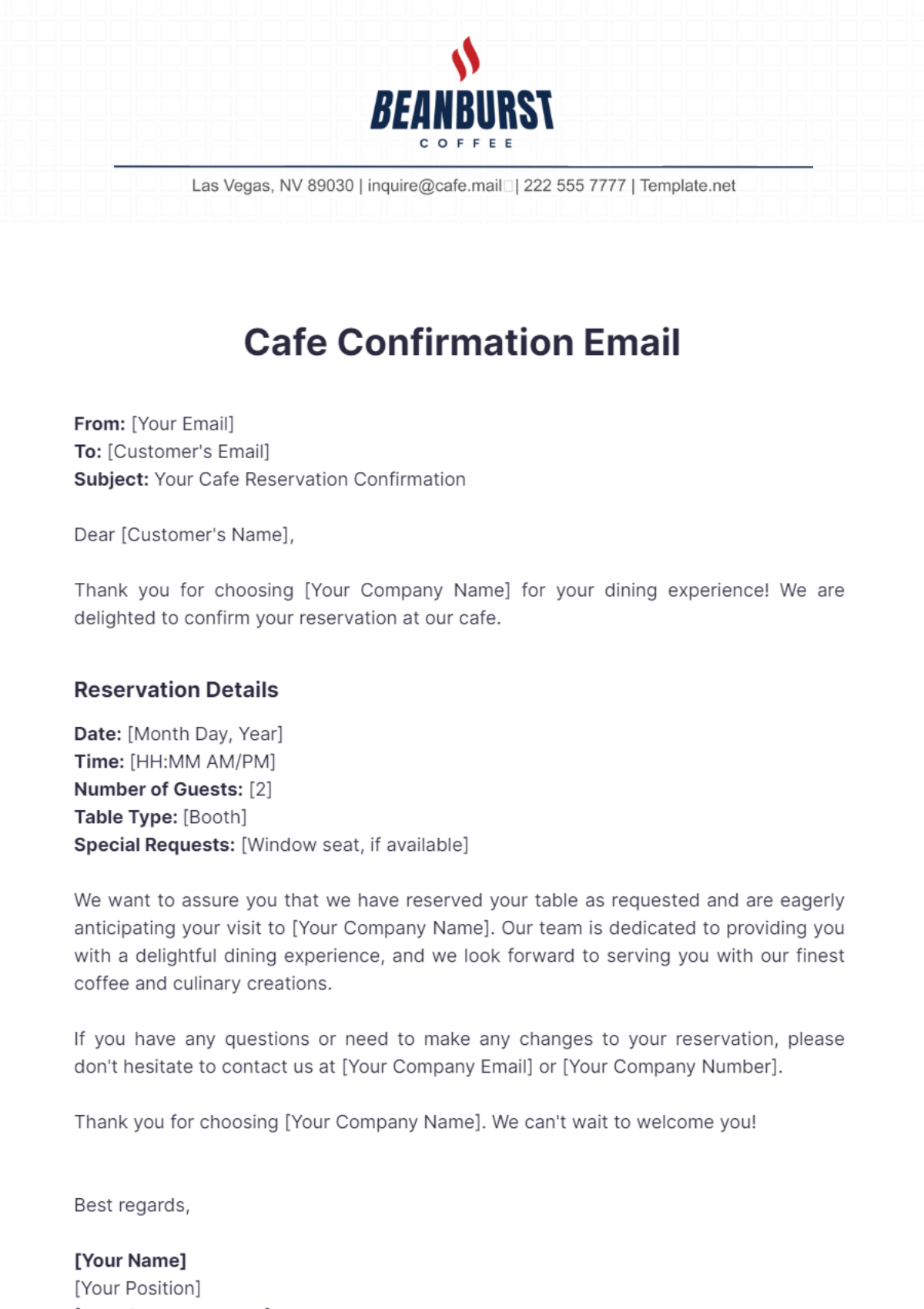 Cafe Confirmation Email Template - Edit Online & Download