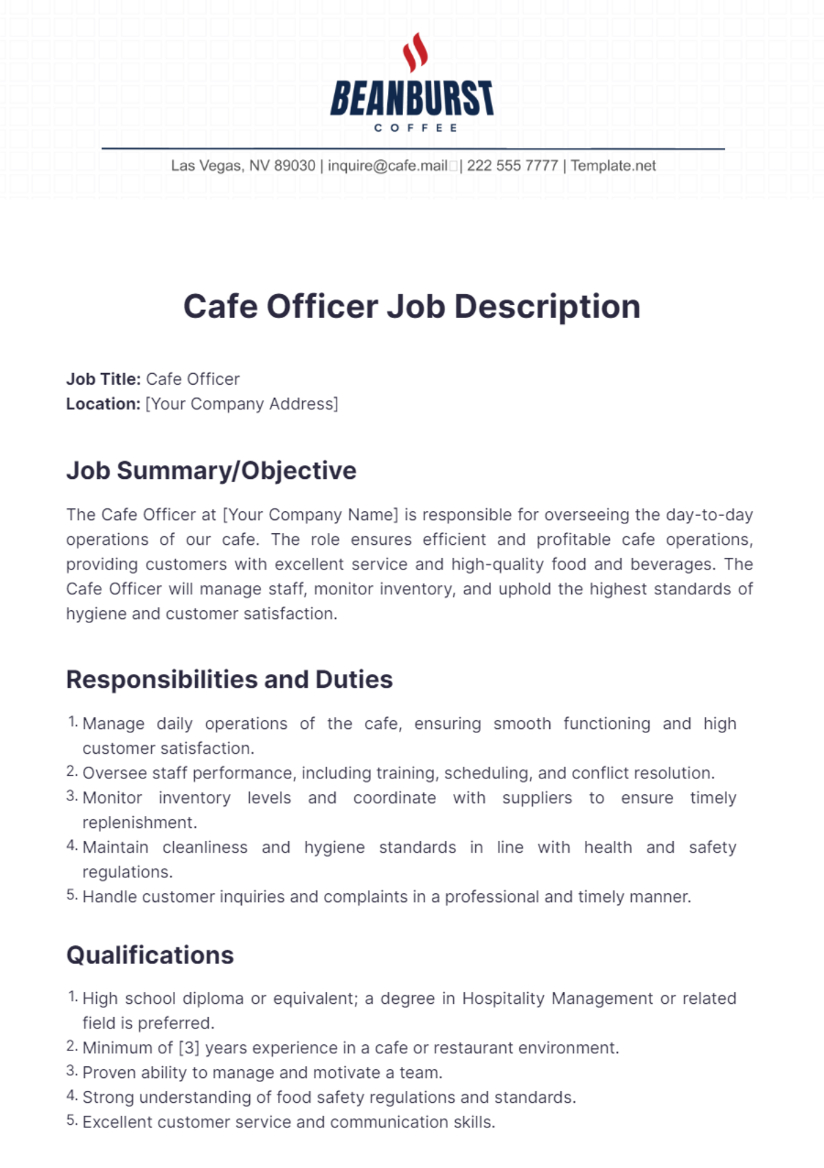 Cafe Officer Job Description Template - Edit Online & Download