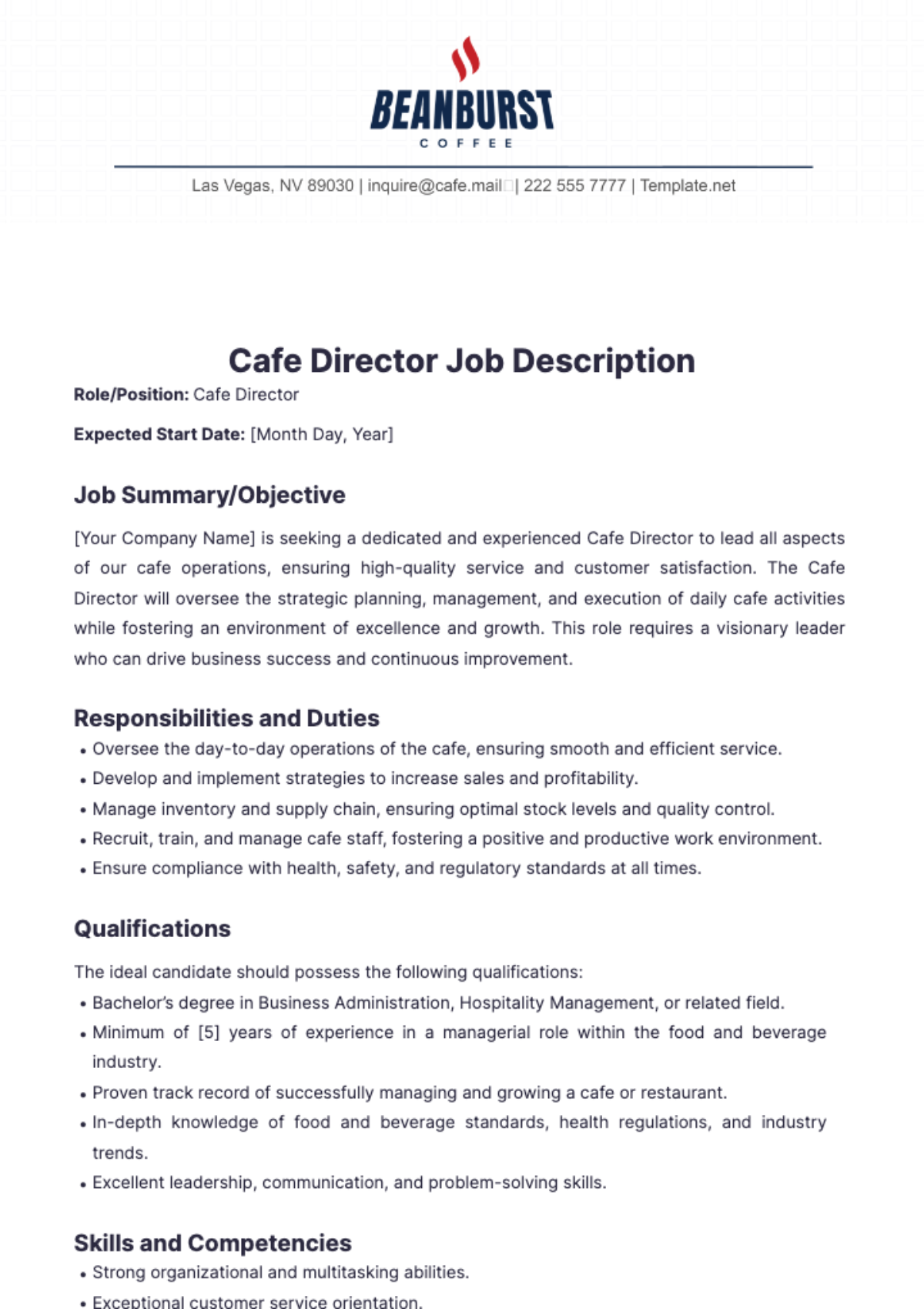 Cafe Director Job Description Template - Edit Online & Download