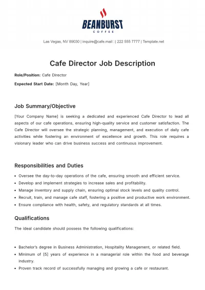 Free Cafe Director Job Description Template to Edit Online