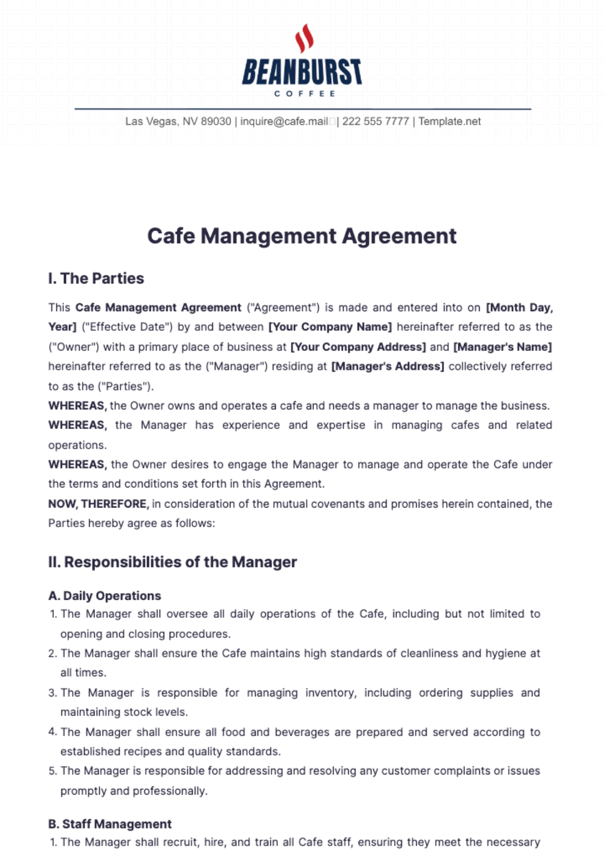 Cafe Management Agreement Template - Edit Online & Download