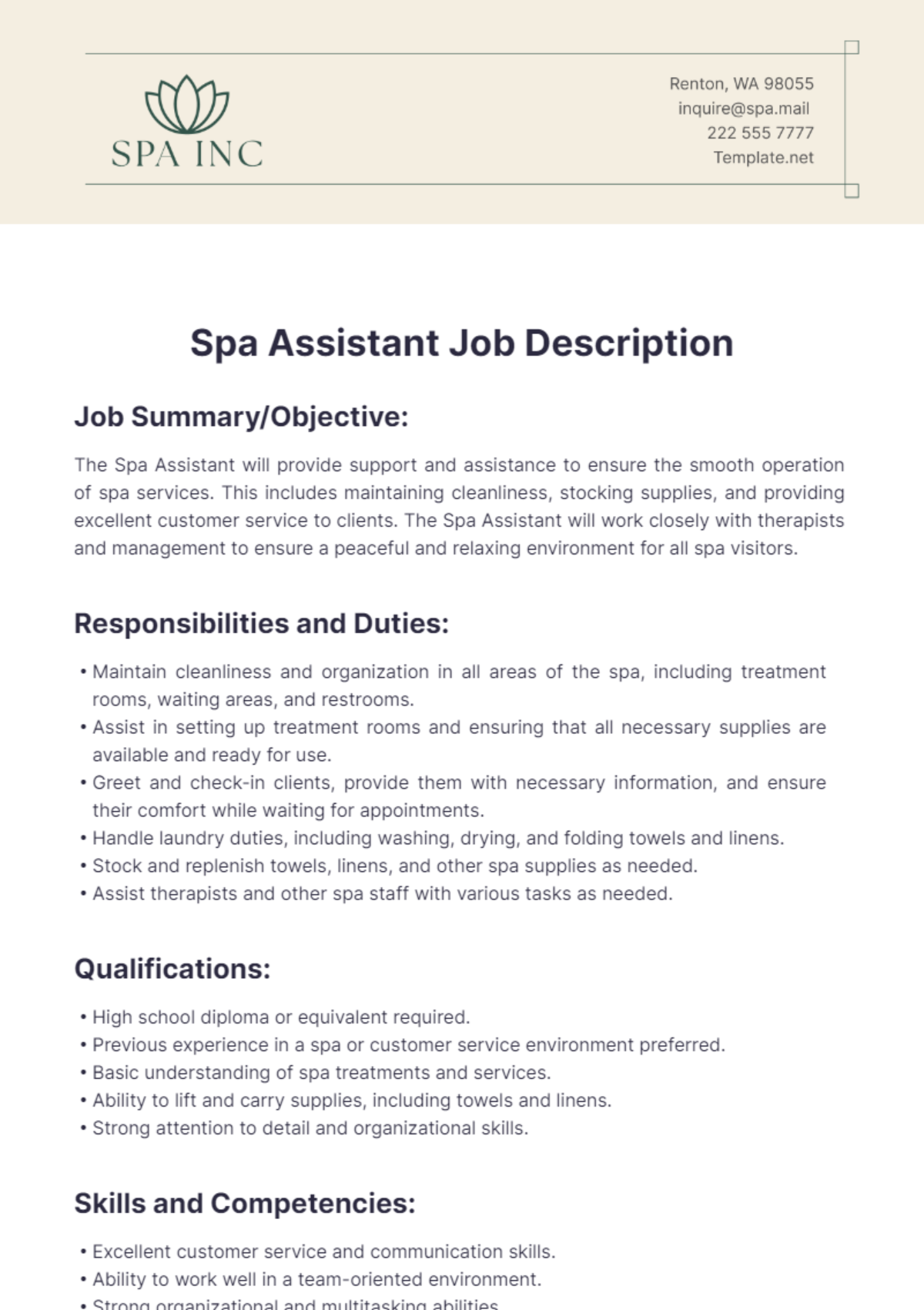 Spa Assistant Job Description Template - Edit Online & Download