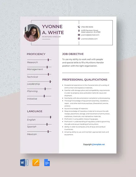 Munitions Handler Resume Template - Google Docs, Word, Apple Pages