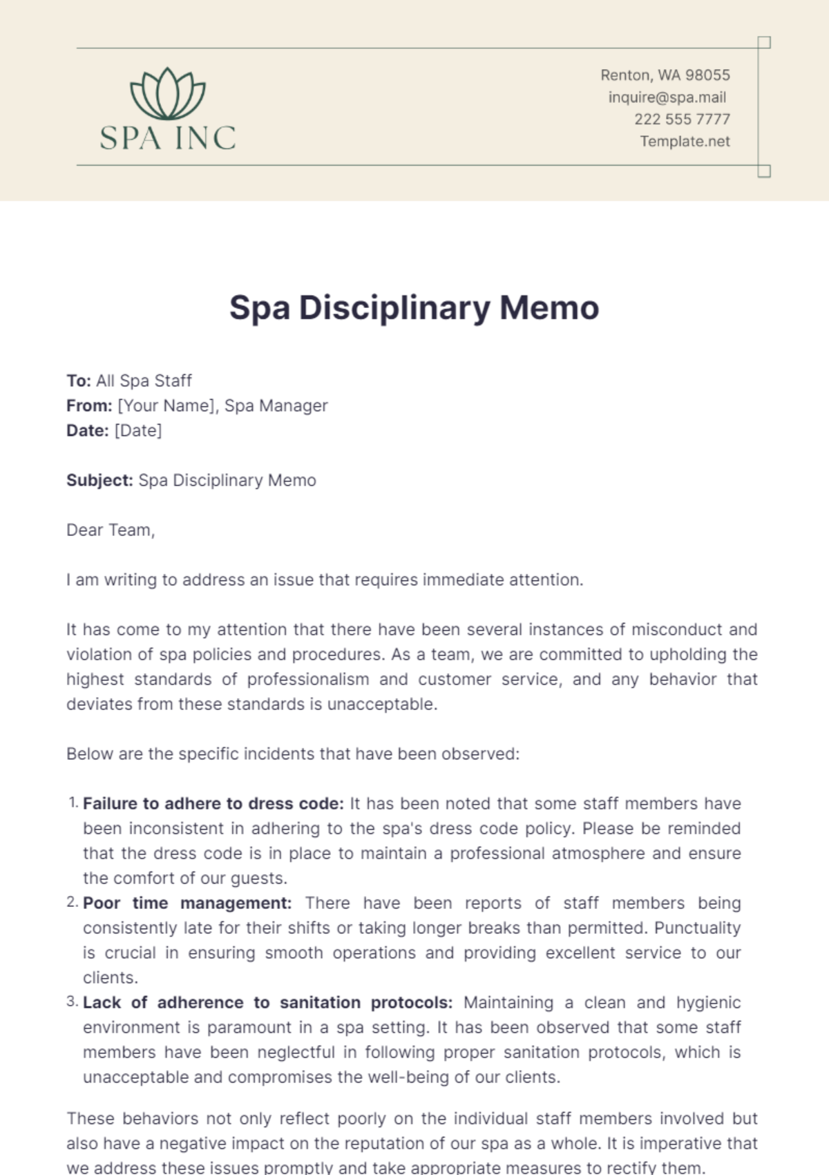 Spa Disciplinary Memo Template - Edit Online & Download