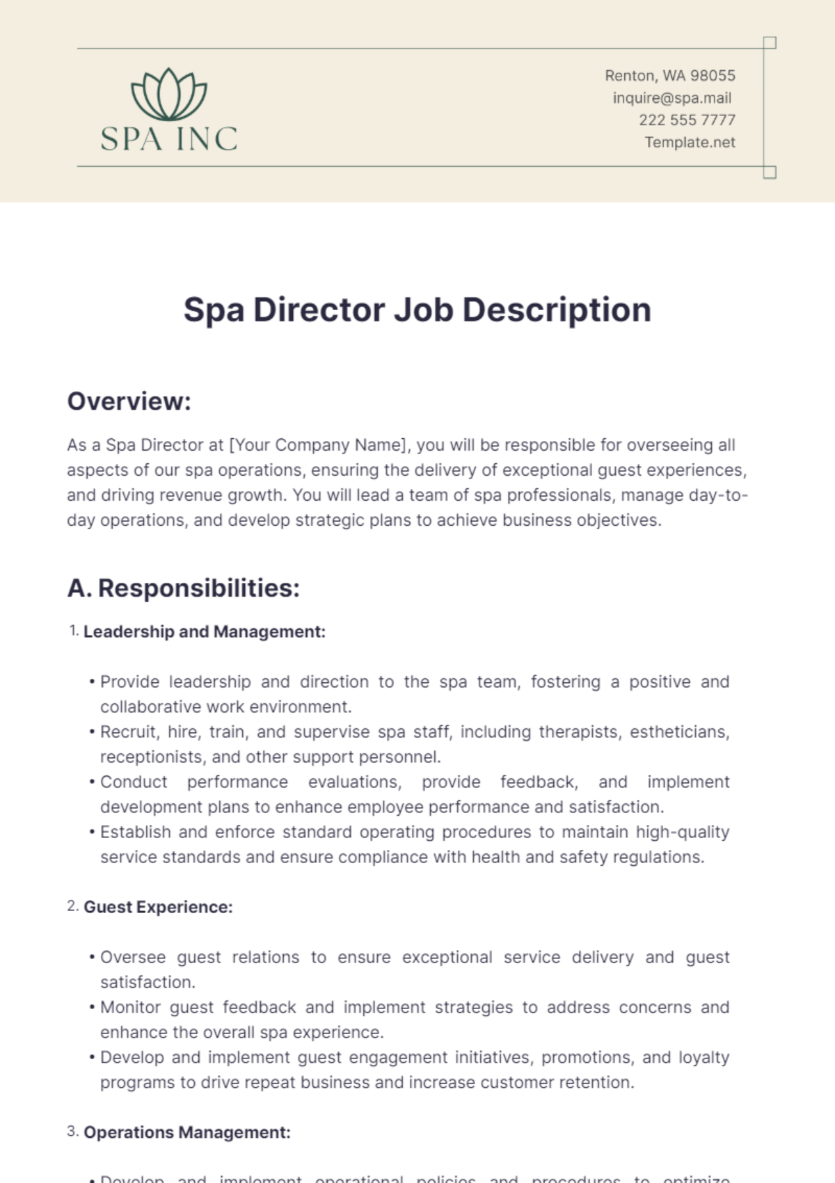 Spa Director Job Description Template - Edit Online & Download