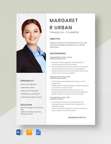 Financial Planner Resume Template - Google Docs, Word, Apple Pages