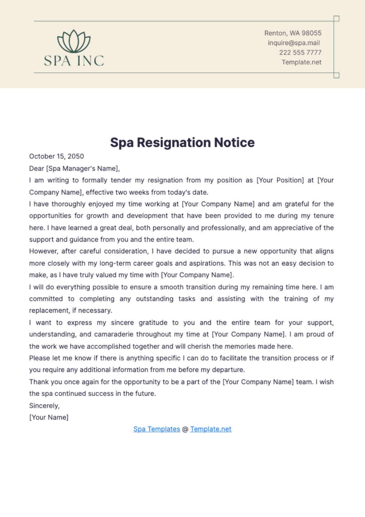 Spa Resignation Notice Template - Edit Online & Download