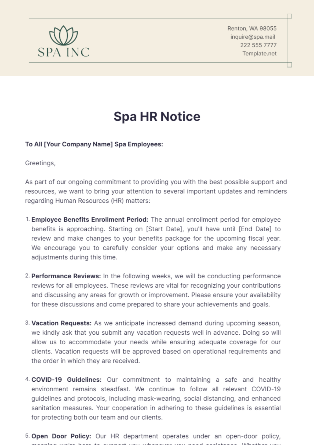 Spa HR Notice Template - Edit Online & Download